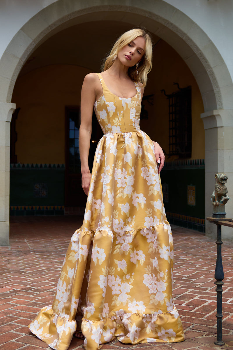 The Avery Dress in Gold Baroque Floral 00 / Gold Baroque Floral