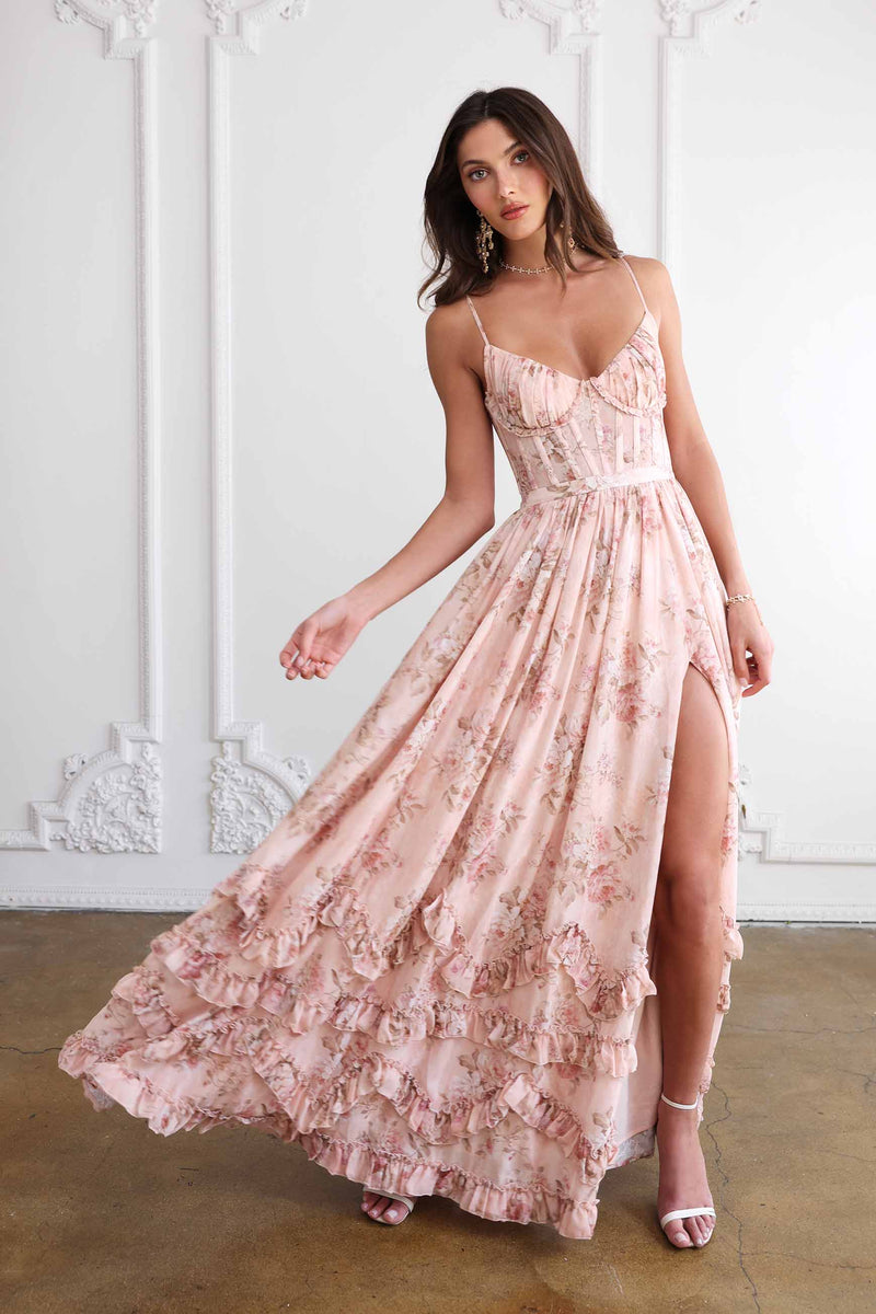 The Carmen Dress in Peach Tapestry