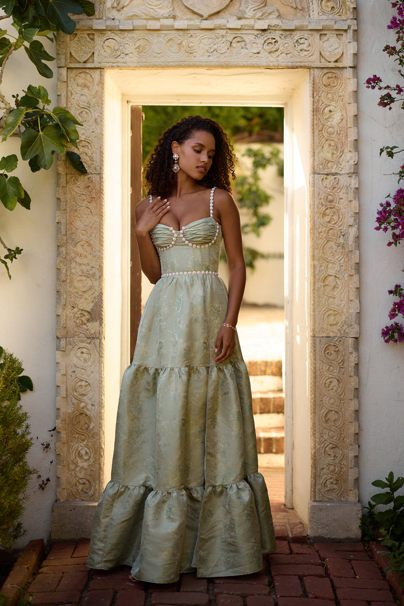 The Lucetta Dress in Sage Windsor Brocade 10 / Sage Windsor Brocade The Lucetta Dress in Sage Windsor Brocade 10 / Sage Windsor Brocade