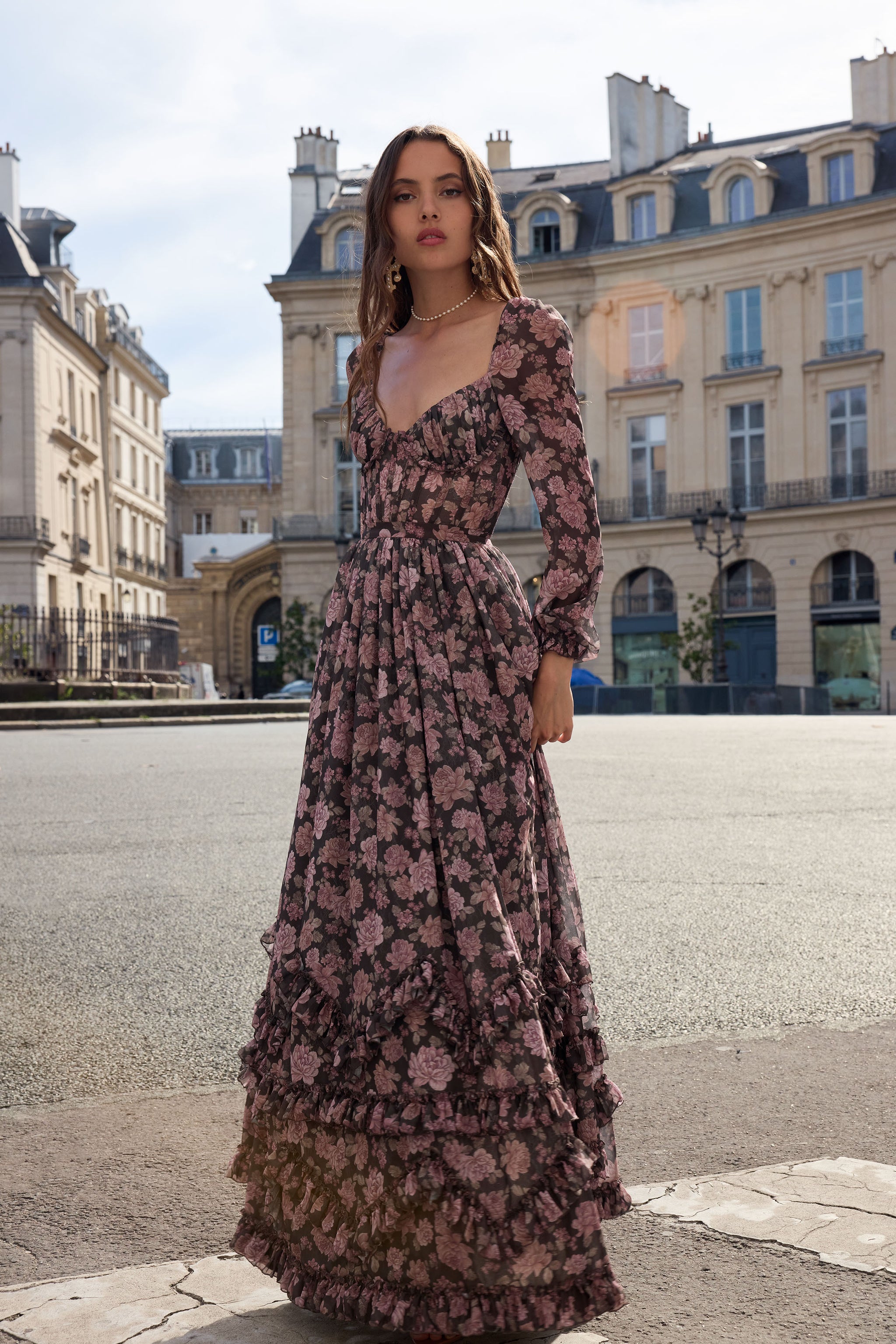 The Carmella Dress in Chocolate Peony Print V. Chapman The Carmella Dress in Chocolate Peony Print V. Chapman