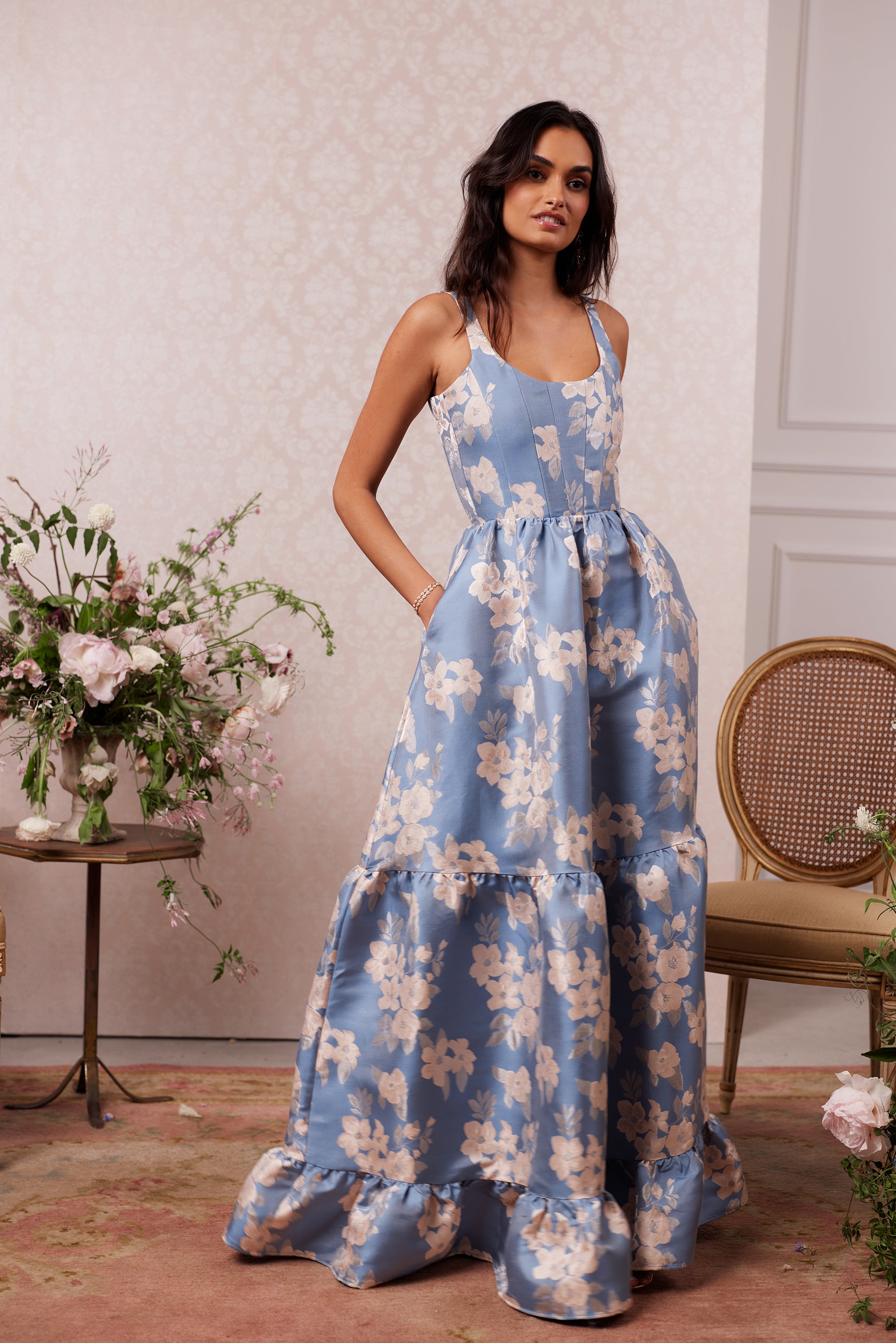 The Avery Dress in Dusk Blue Baroque Floral 0 / Dusk Blue Baroque Floral