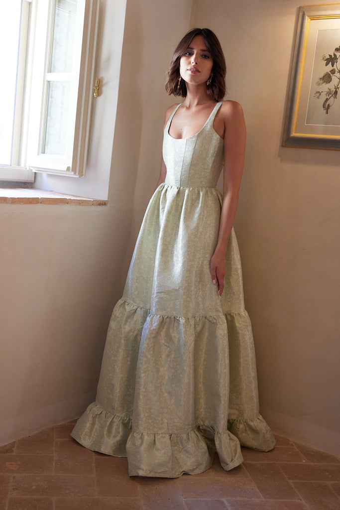 photo of model from the from the avery dress in sage duchess