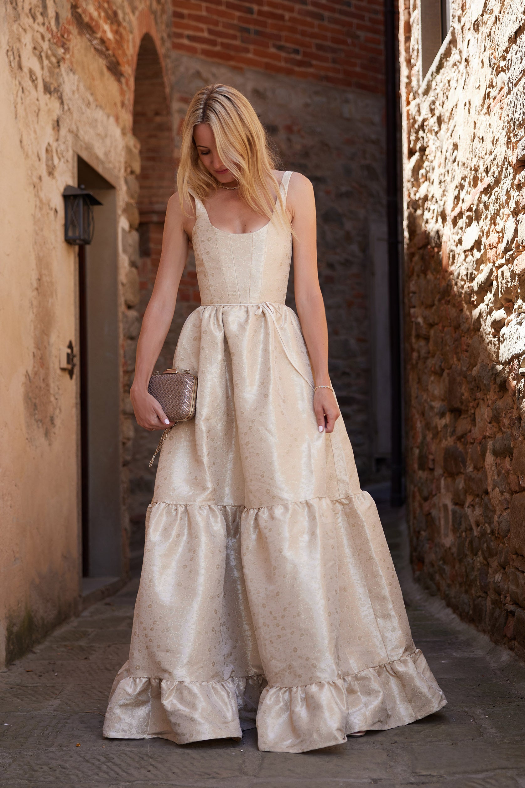 The Avery Dress in Taupe Duchess – V. Chapman