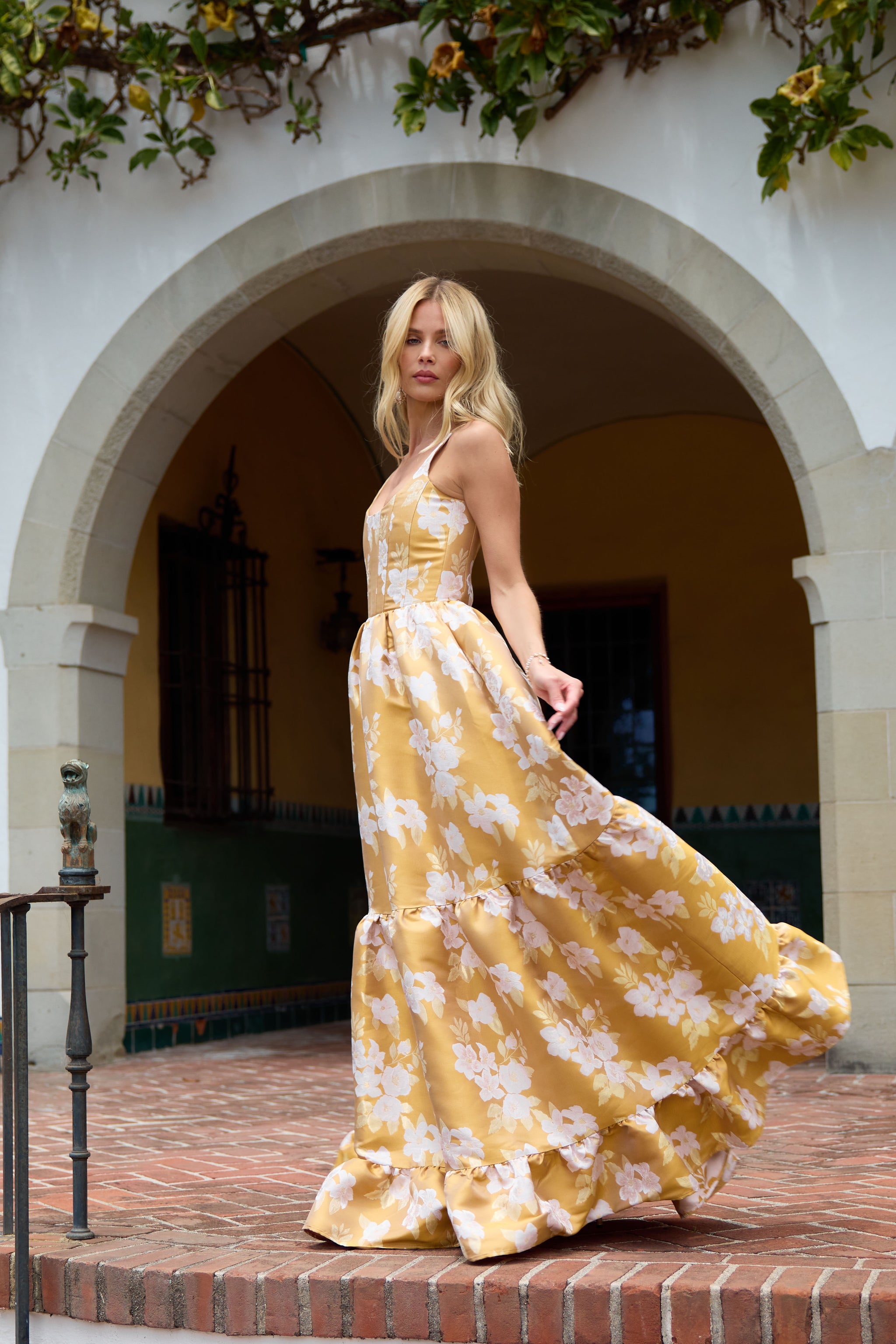 The Avery Dress in Gold Baroque Floral The Avery Dress in Gold Baroque Floral