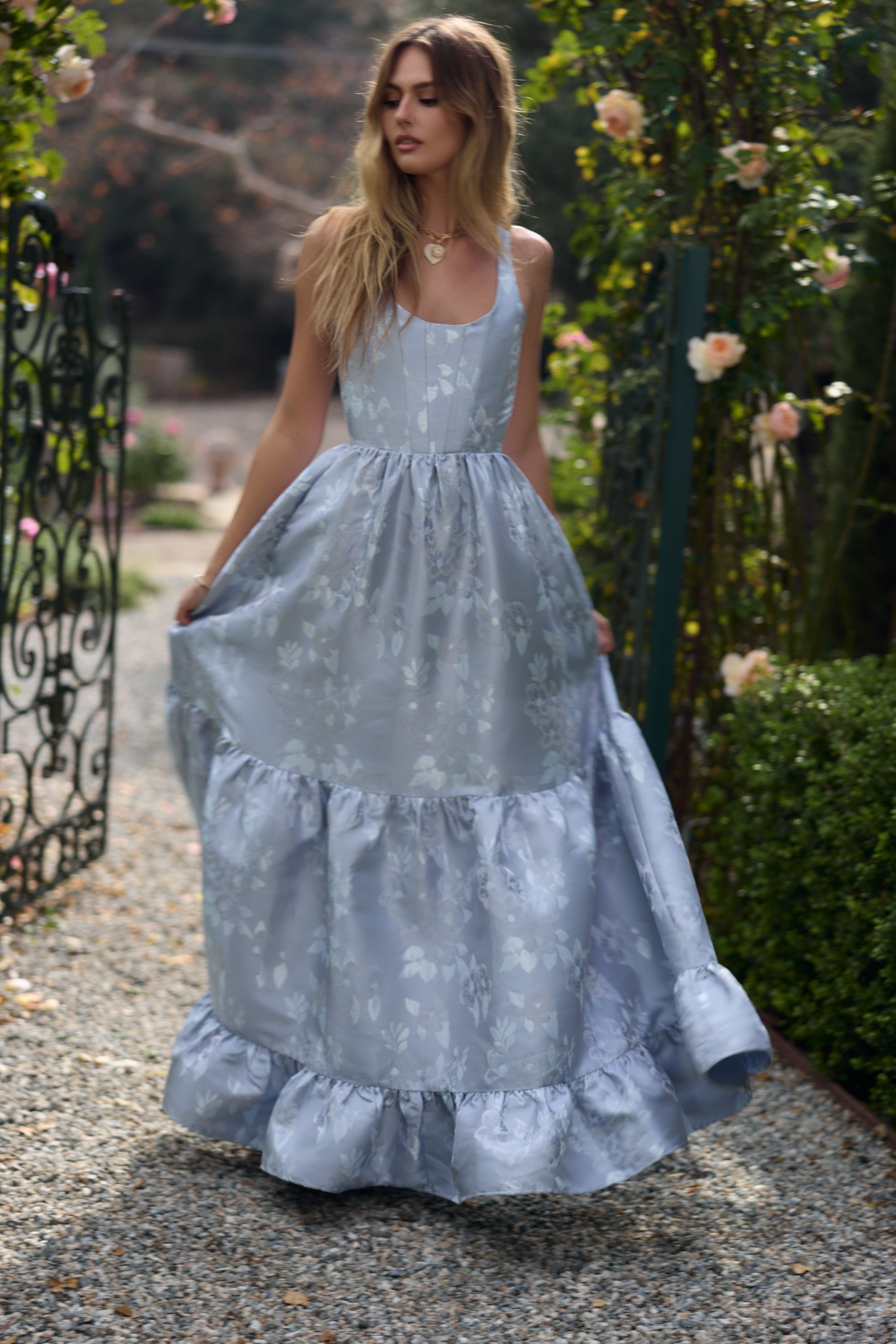 The Avery Dress in Icelandic Blue Baroque Floral V. Chapman The Avery Dress in Icelandic Blue Baroque Floral V. Chapman
