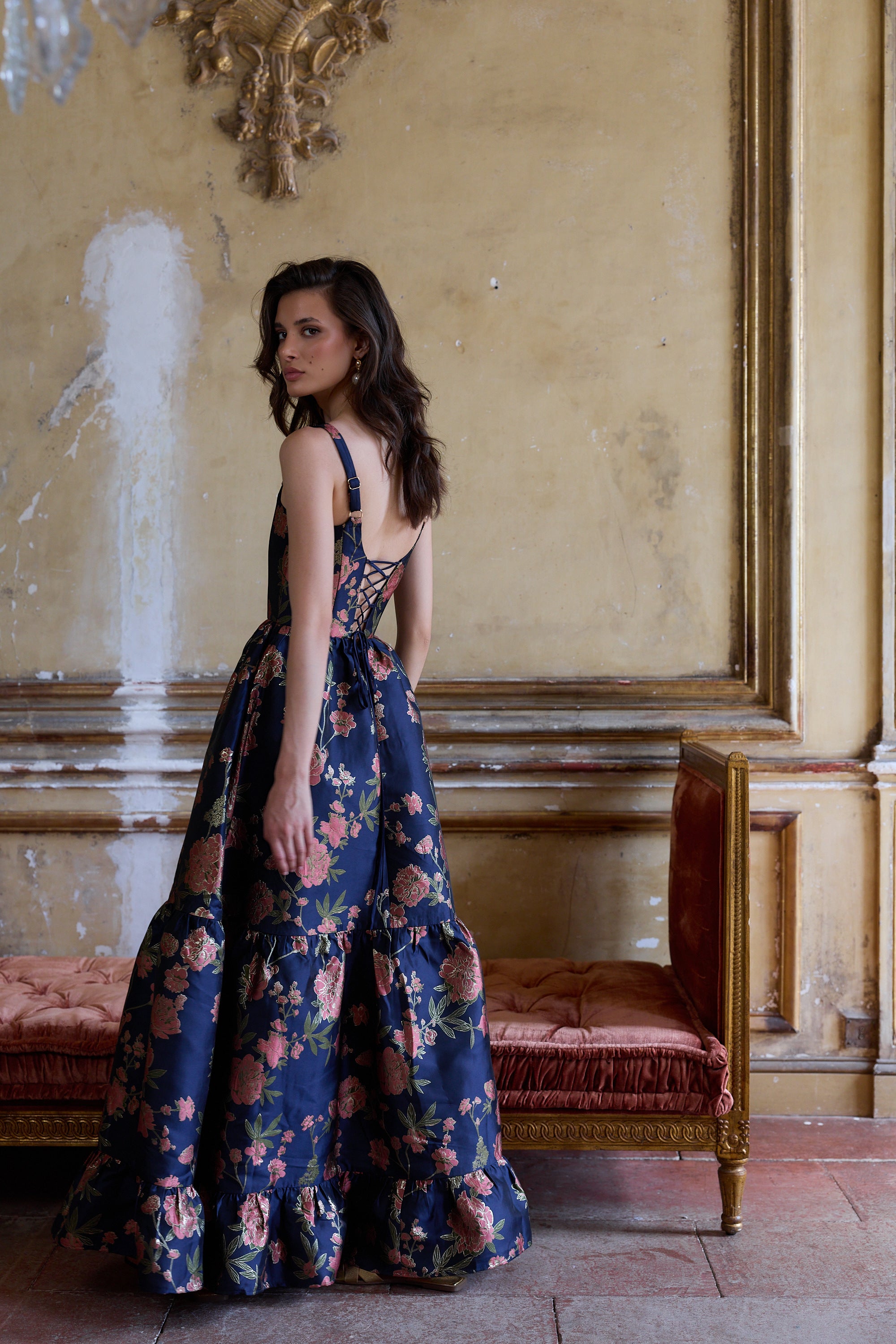 navy blue dress with flowers The Avery in Tudor Rose Brocade 0 / Navy Tudor Rose Brocade Light Blue Kampagne Alluring open back is net Sizes:10