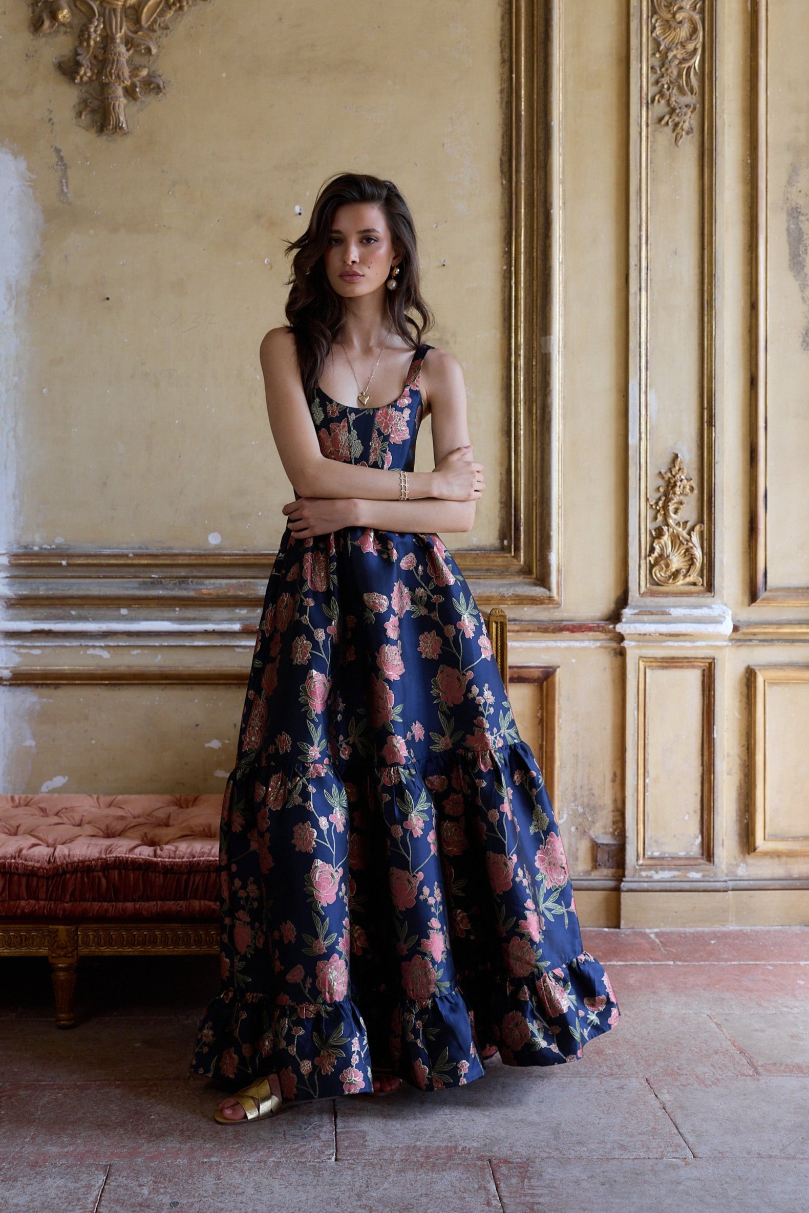 The Avery Dress in Navy Tudor Rose Brocade 0 / Navy Tudor Rose Brocade The Avery Dress in Navy Tudor Rose Brocade 0 / Navy Tudor Rose Brocade