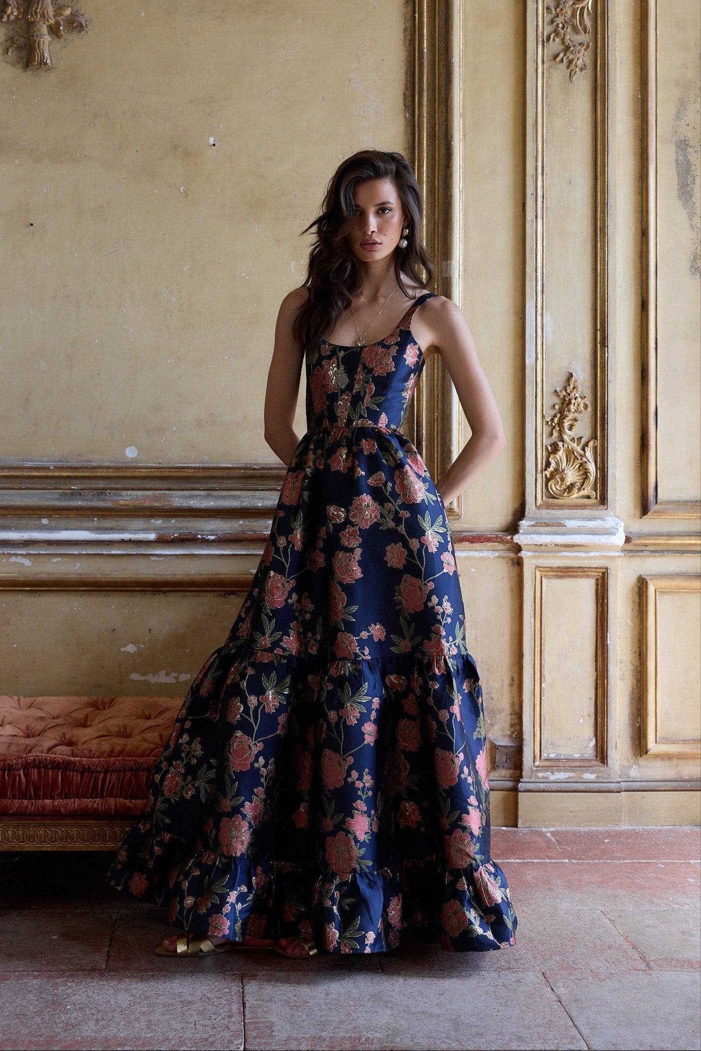 The Avery Dress in Navy Tudor Rose Brocade 0 / Navy Tudor Rose Brocade The Avery Dress in Navy Tudor Rose Brocade 0 / Navy Tudor Rose Brocade