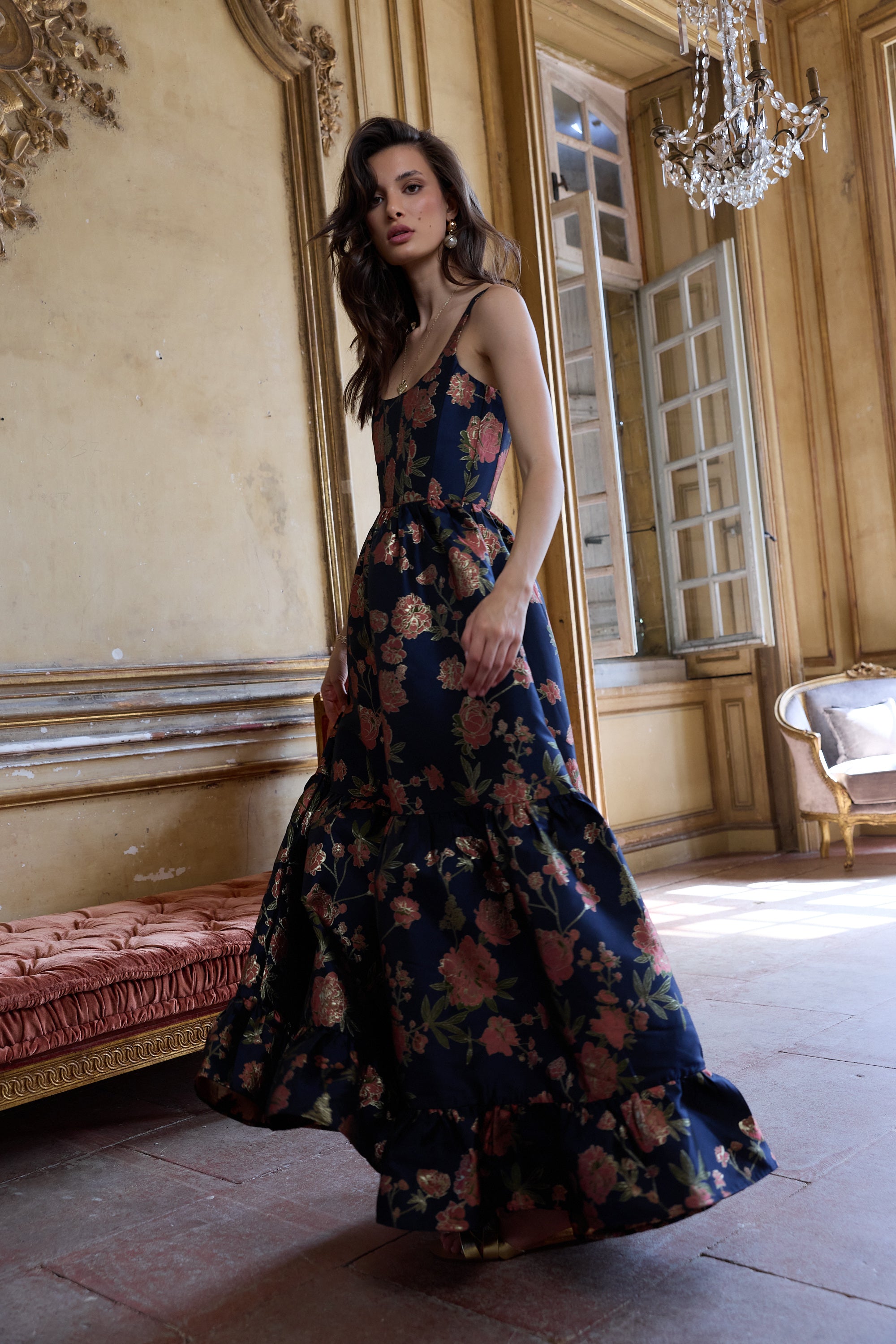 The Avery Dress in Navy Tudor Rose Brocade 6 / Navy Tudor Rose Brocade