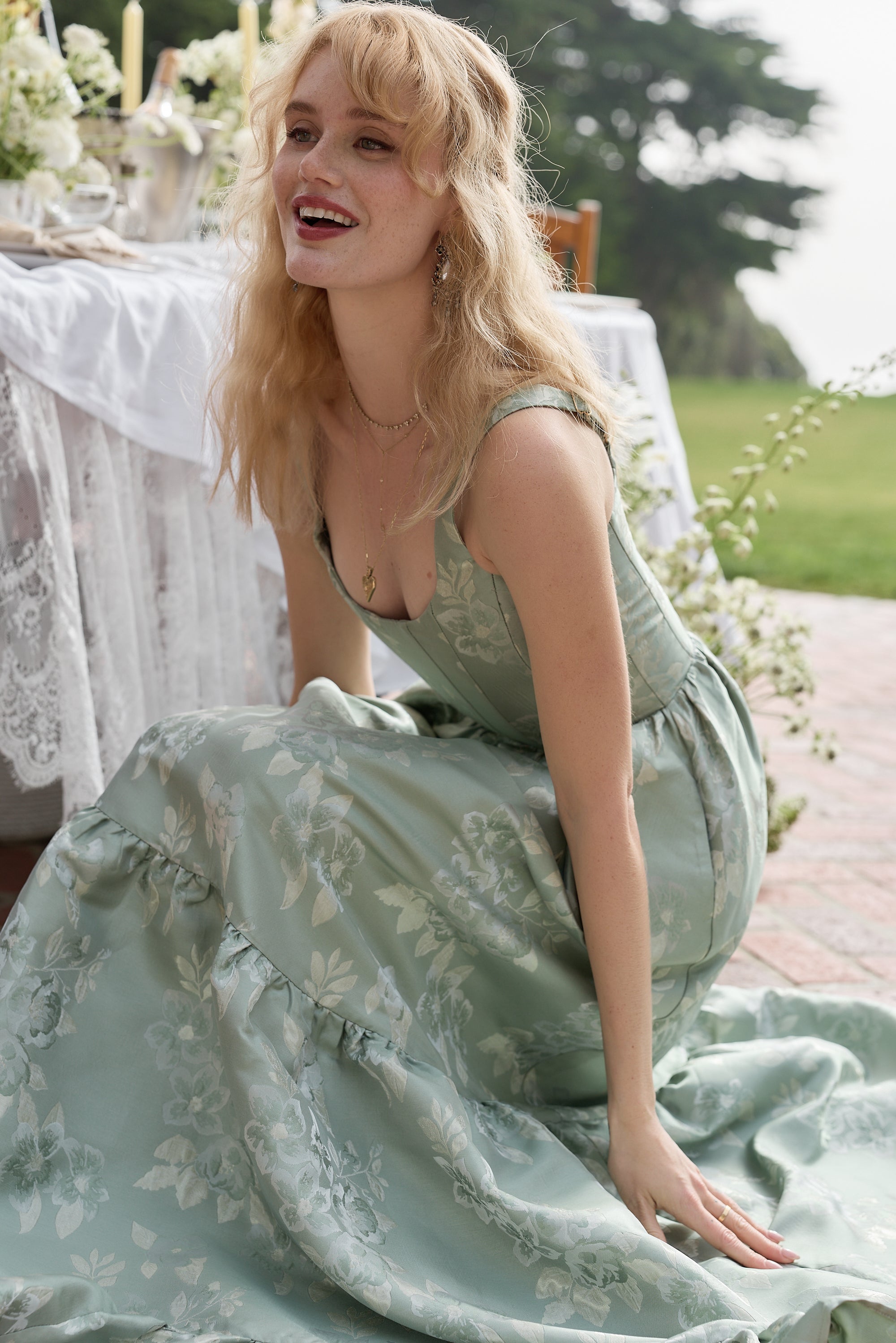 The Avery Dress in Sage Baroque Floral 6 / Sage Baroque Floral The Avery Dress in Sage Baroque Floral 6 / Sage Baroque Floral