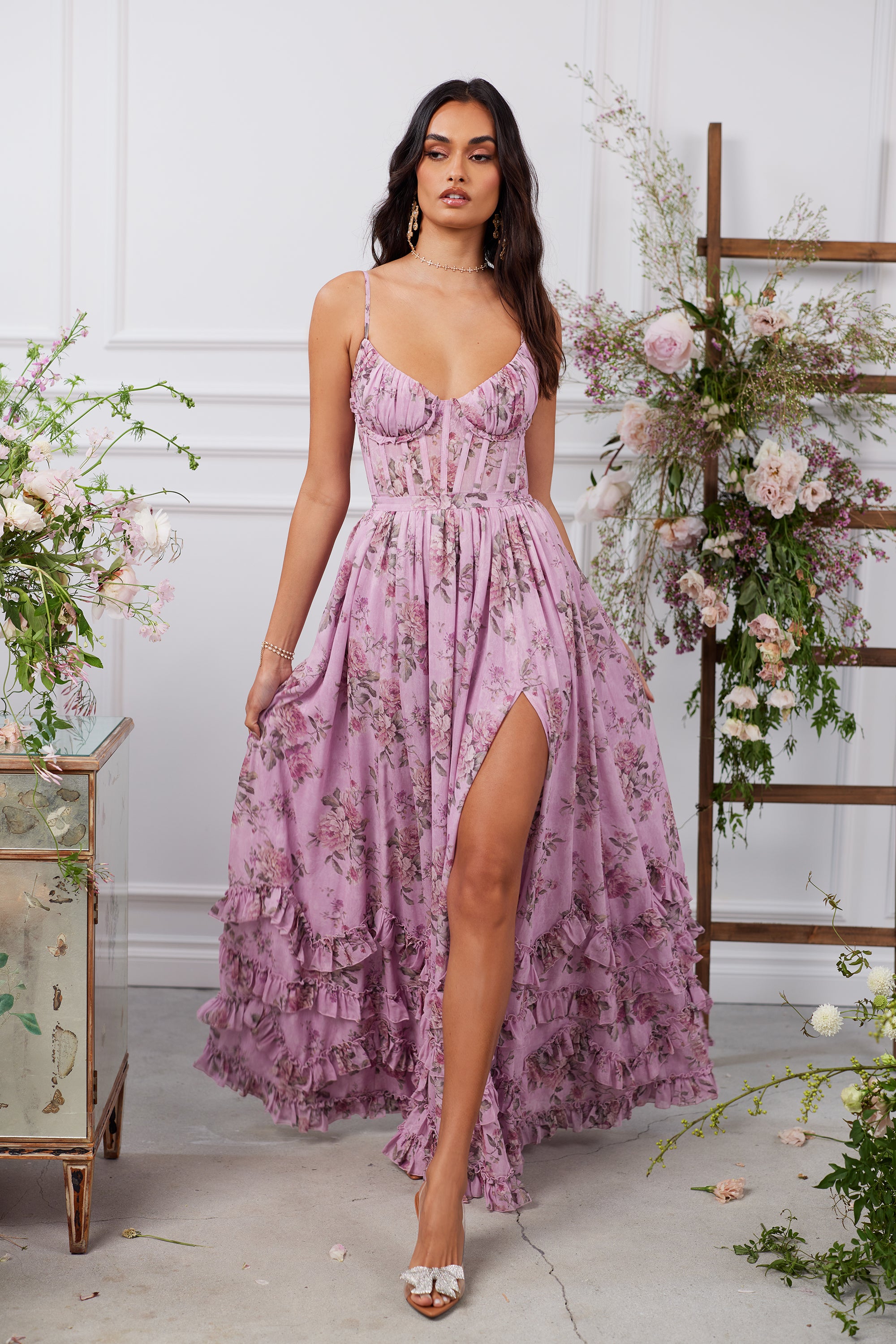 The Carmen Dress in Lilac Tapestry Rose 0 / Lilac Tapestry Rose