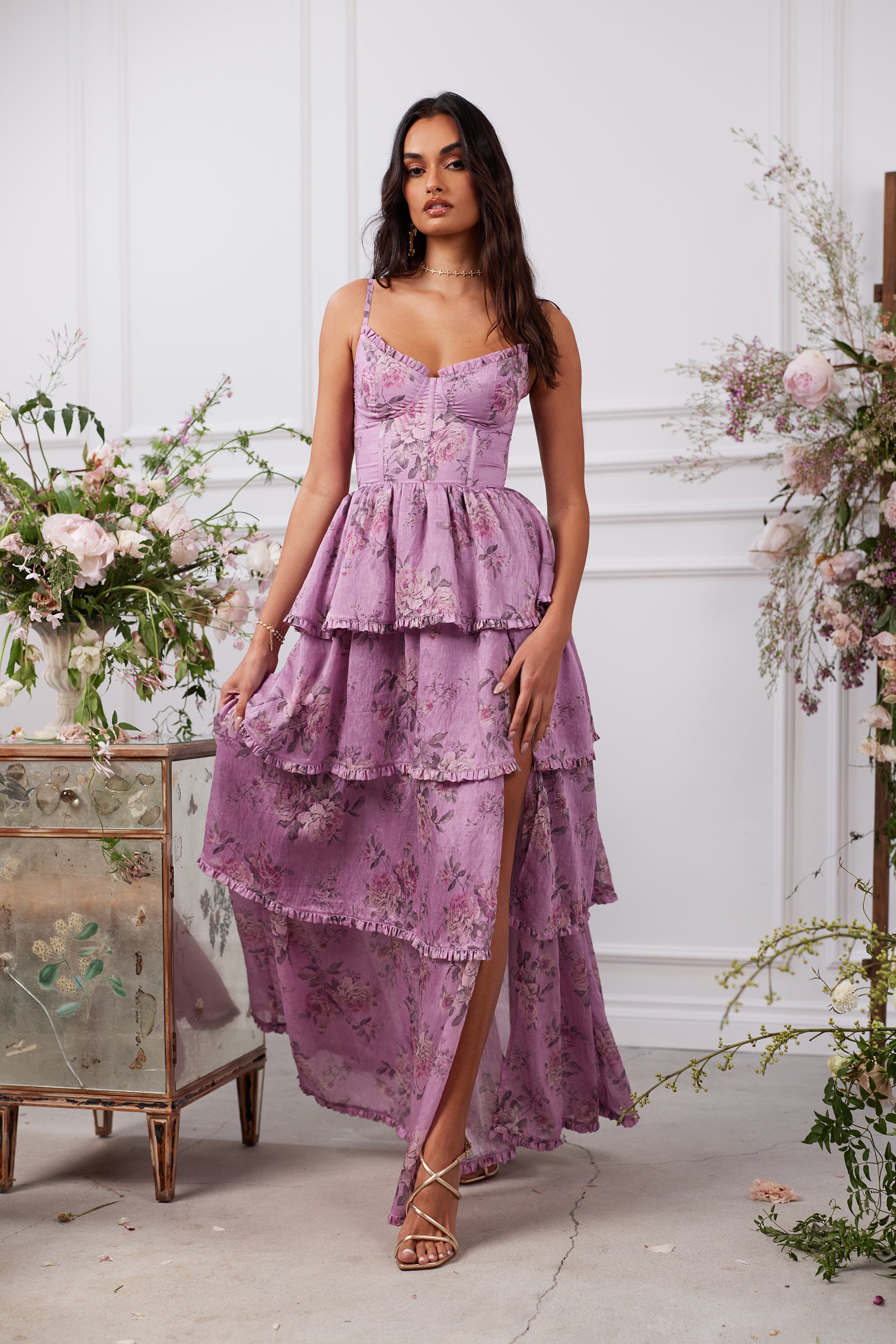 fitted lace wedding dress The Caterina Dress in Lilac Tapestry Rose 14 / Lilac Tapestry Rose main image 0