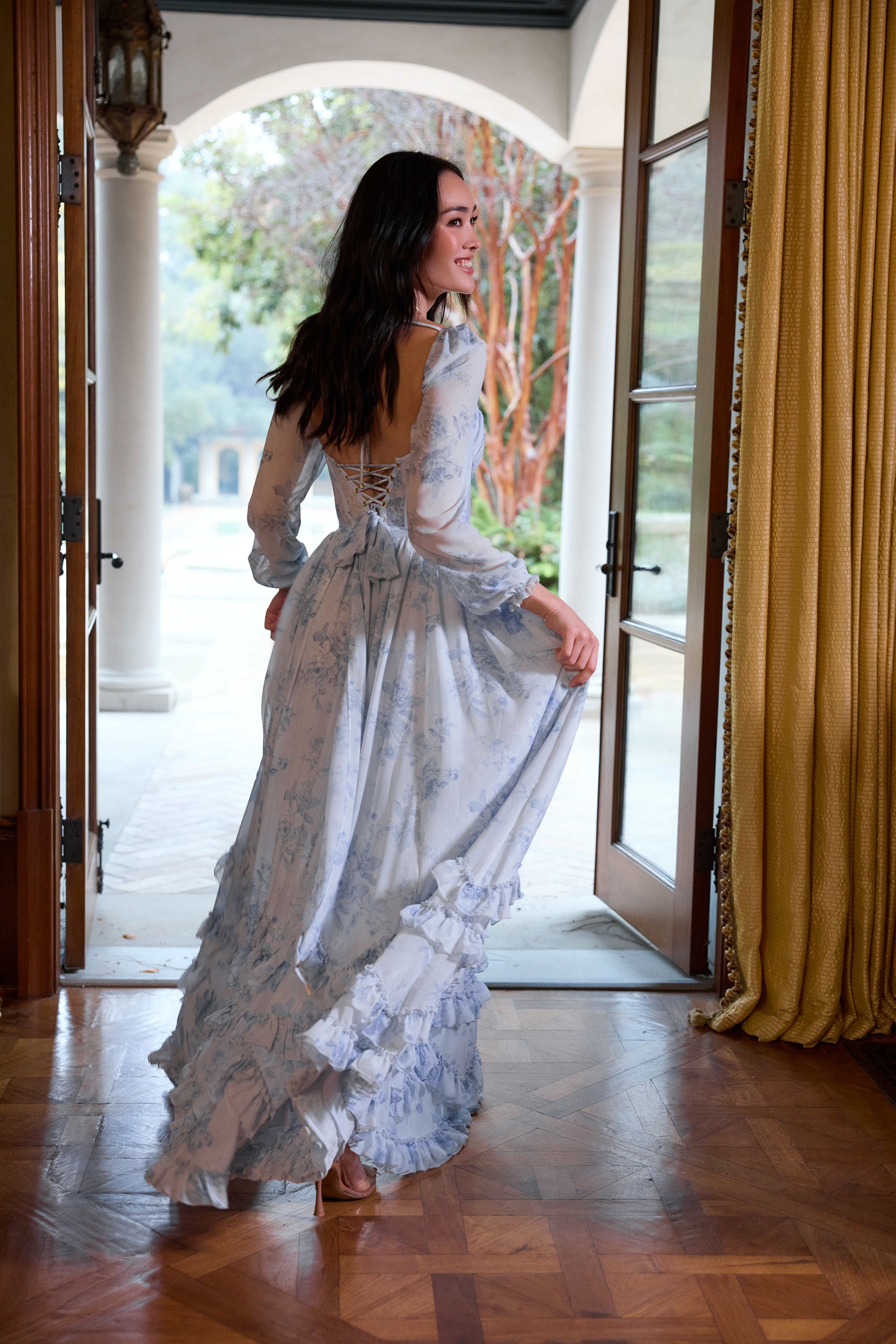 v. chapman carmella long-sleeve ruffled chiffon maxi dress V. Chapman Carmella Long-Sleeve Corset Side-Slit Chiffon Maxi Dress