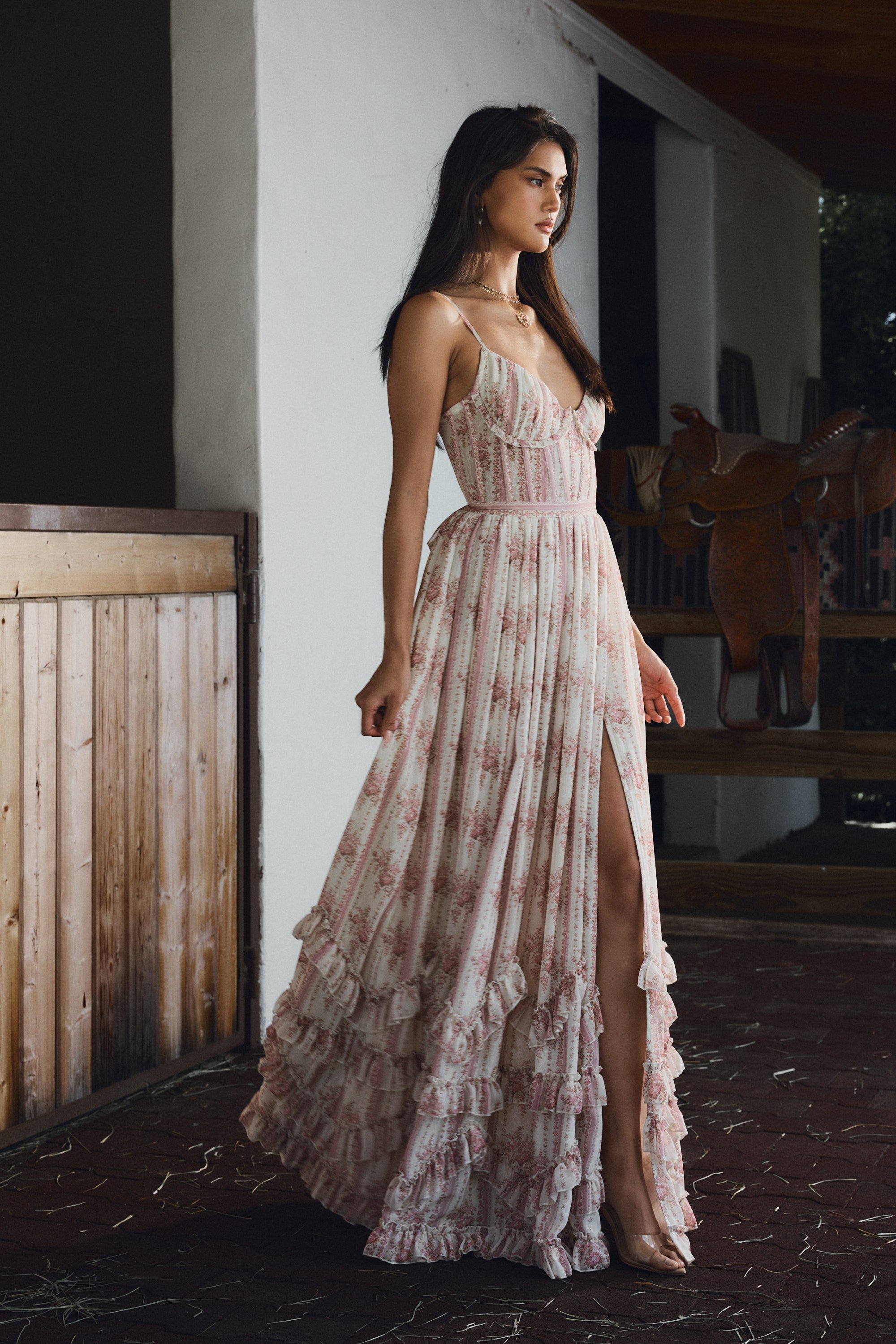 carmen maxi dress The in Strawberry Victorian Stripe 0 / Strawberry Victorian Stripe Product_type|Gowns while adjustable ties at Collar:14.5 Purple Slim Fit Dress