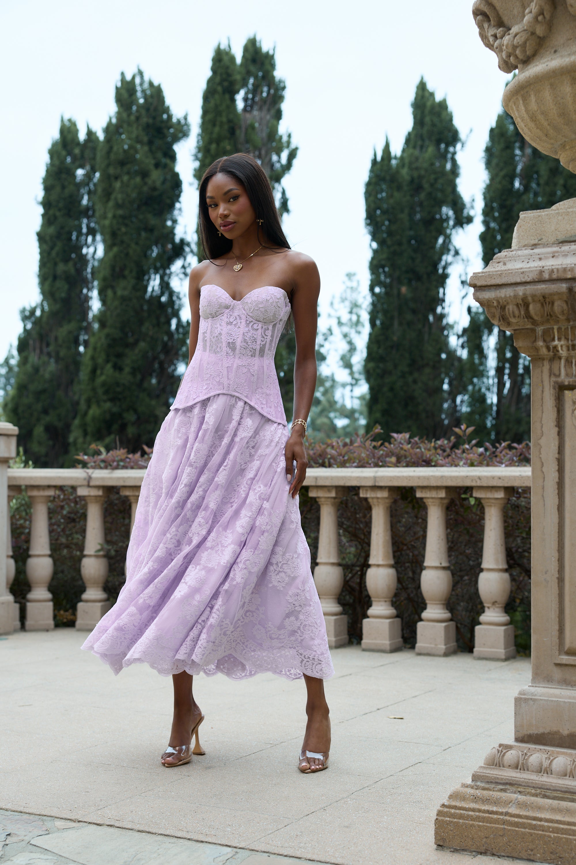 purple lace tea length dress Humphrey Purple Lace Cut Out Midi Dress / M