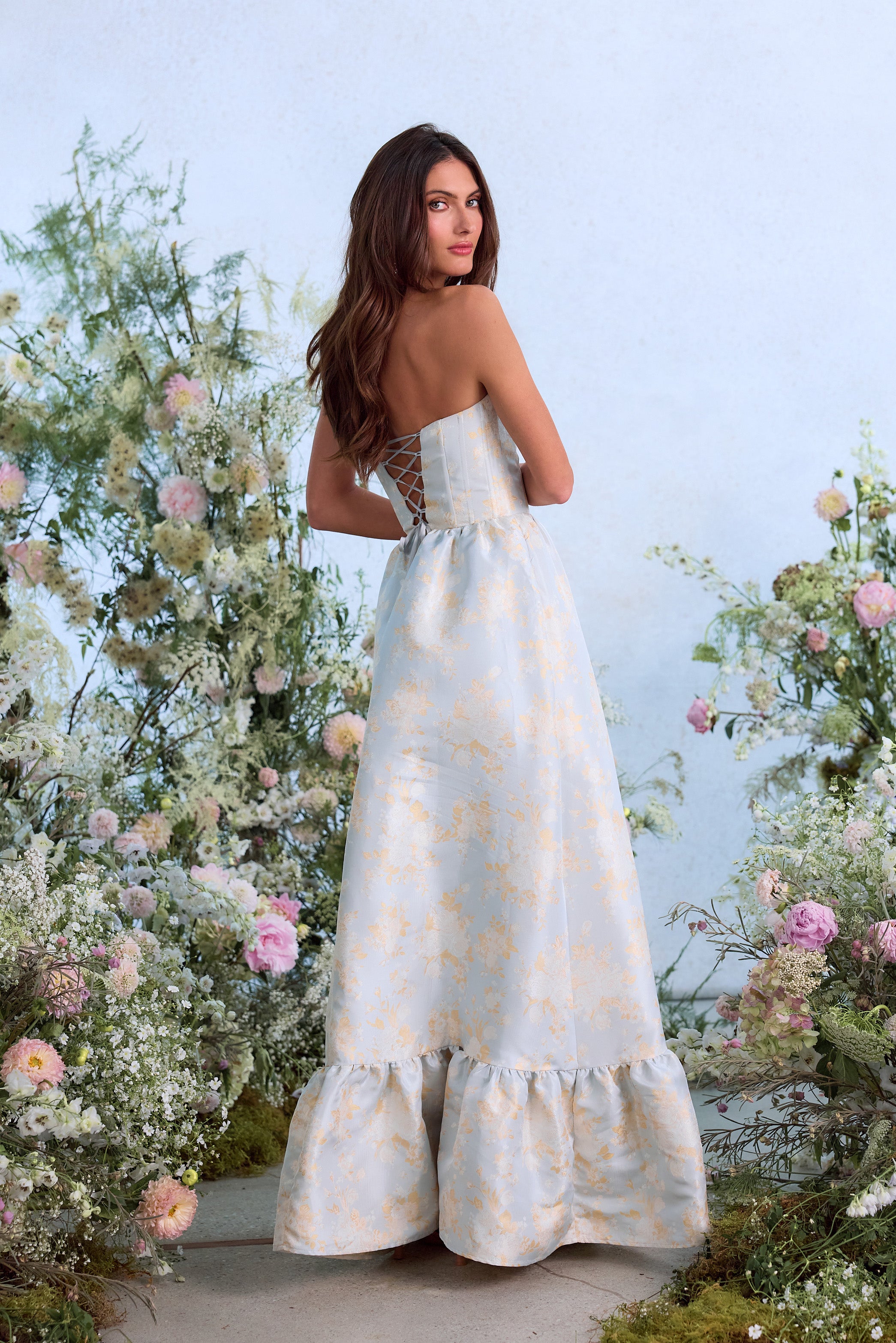 The Charlotte Dress in Sky Windsor Brocade 14 / Sky Windsor Brocade The Charlotte Dress in Sky Windsor Brocade 14 / Sky Windsor Brocade