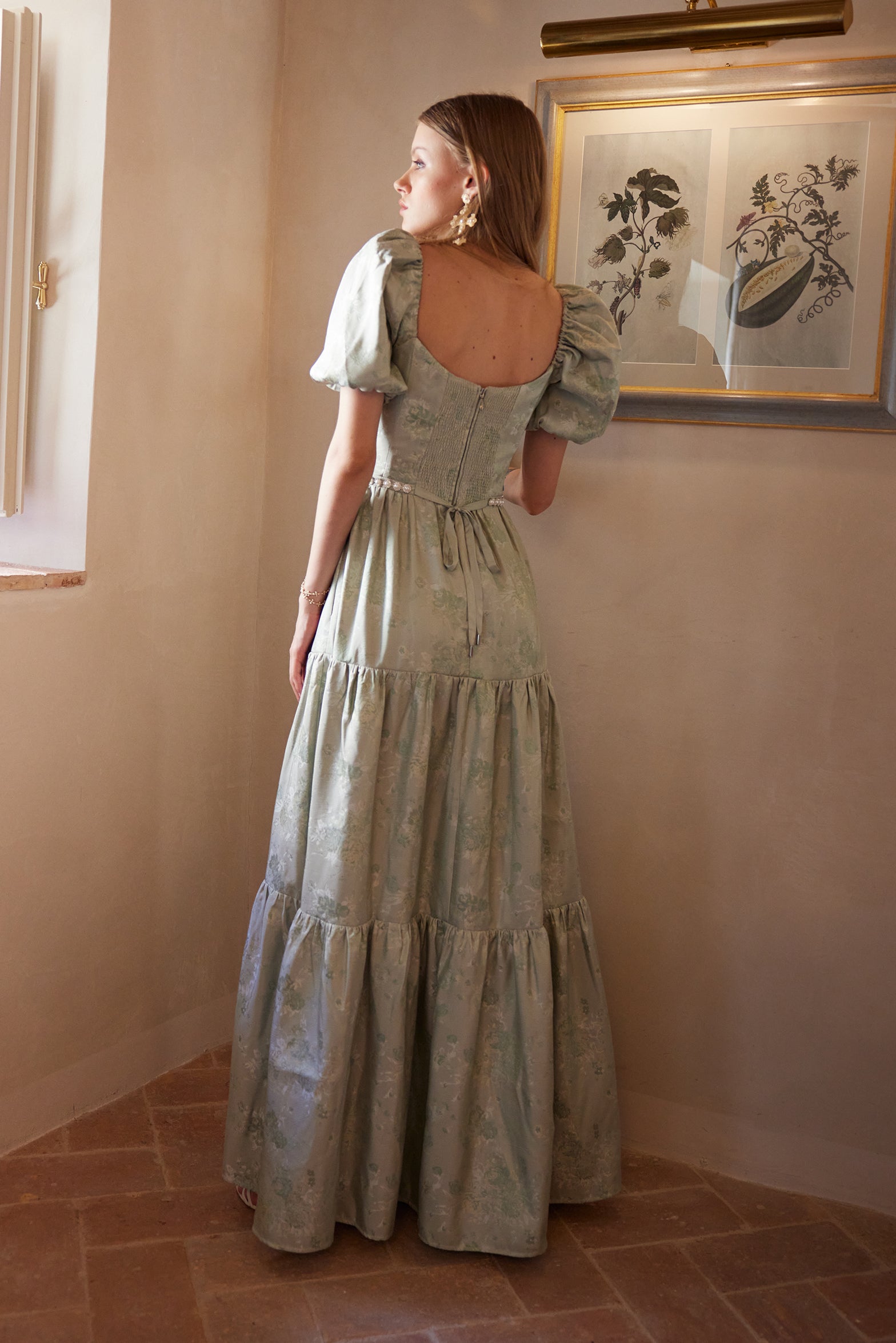 The Emma Dress in Sage Windsor Brocade  V. Chapman