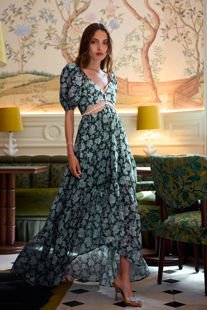 the emma dress in emerald peony print