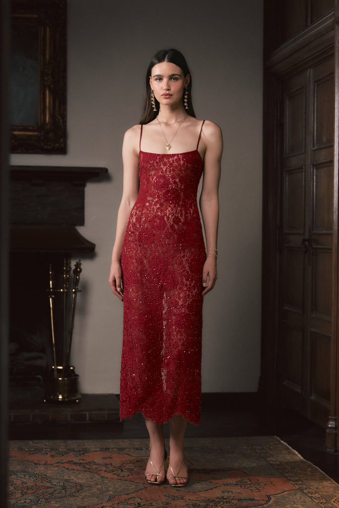 The Hallie Dress in Red Dahlia Beaded Lace – V. Chapman