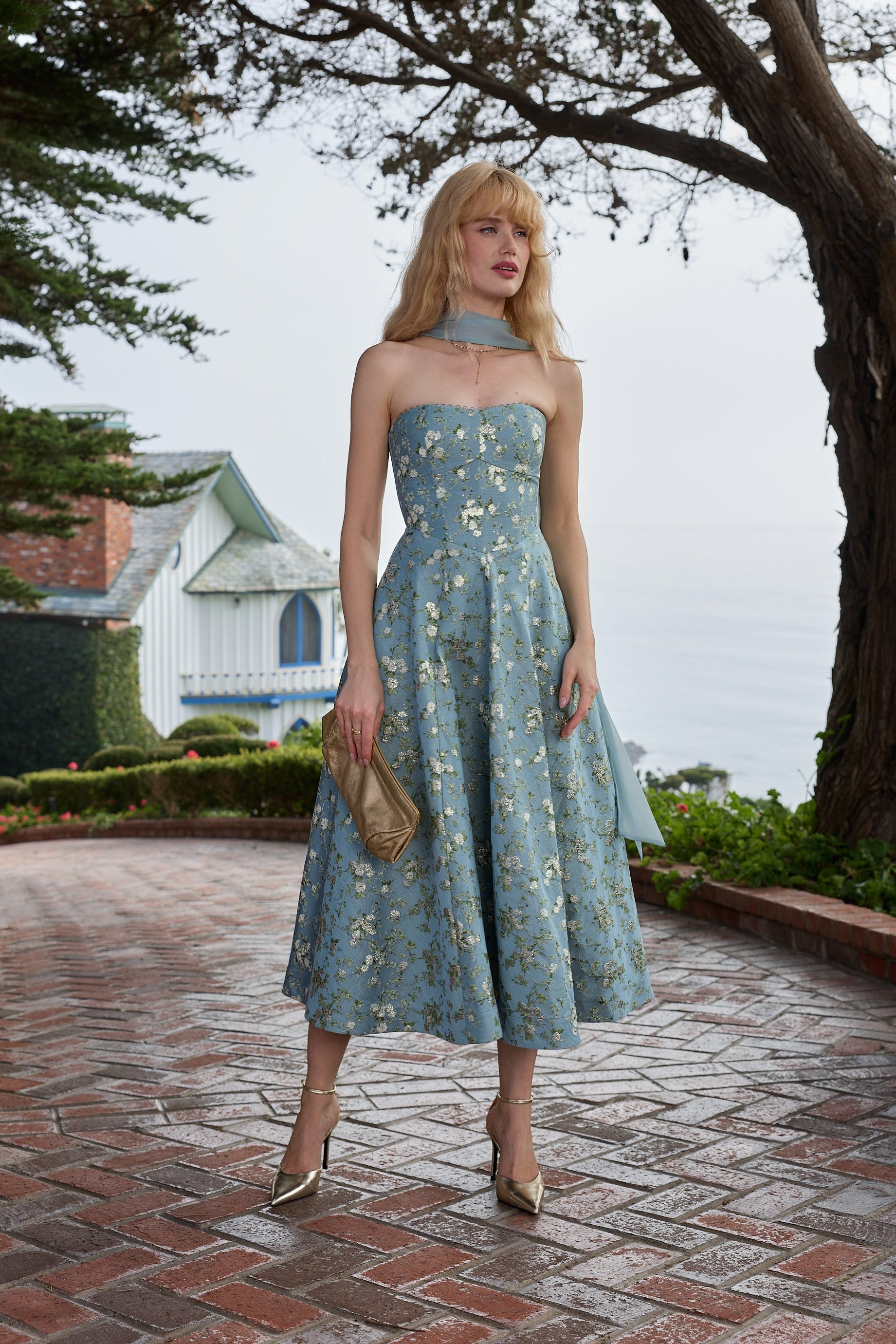 The Hazel Dress in Slate Blue Cheverny Brocade The Hazel Dress in Slate Blue Cheverny Brocade
