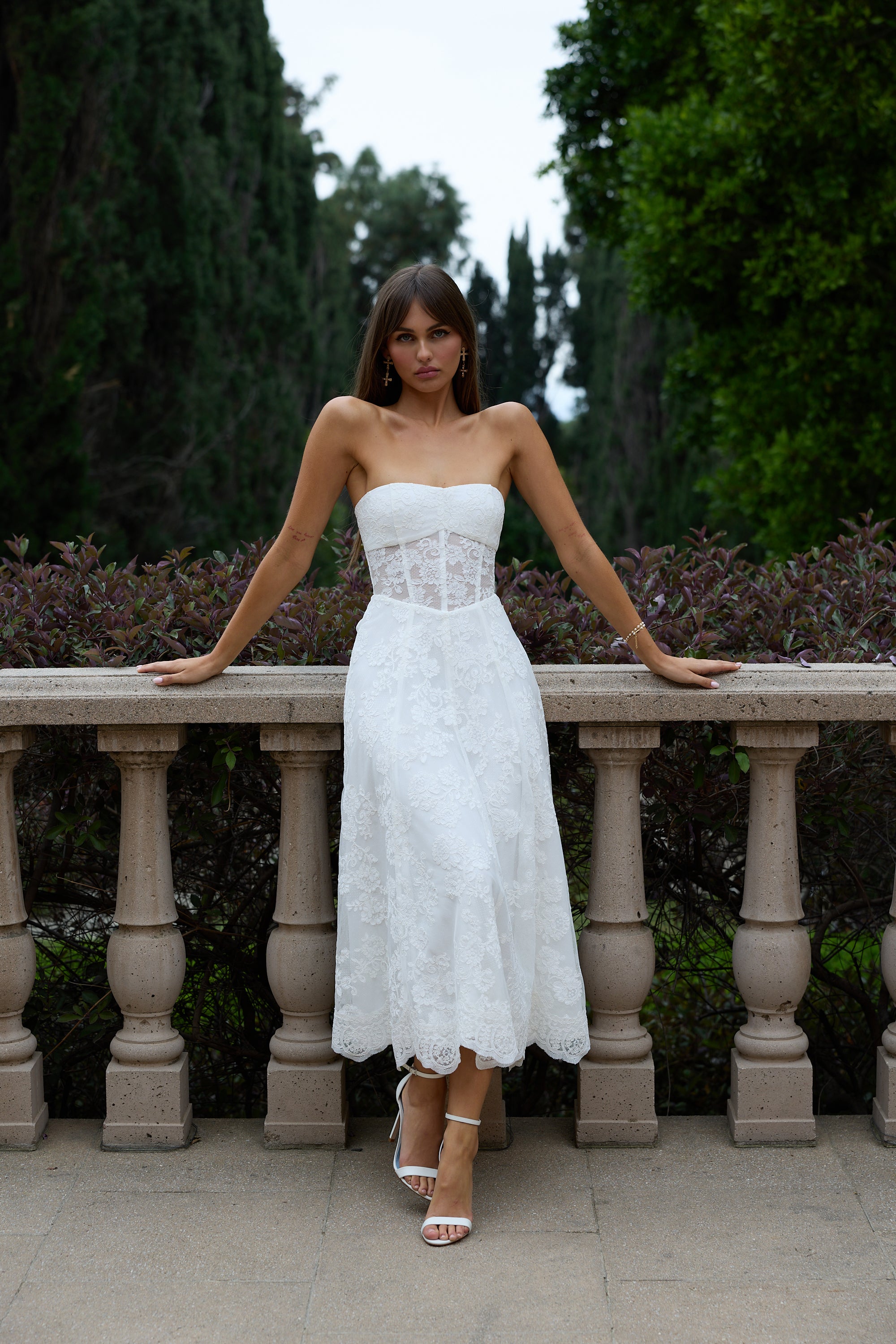 heels with white lace dress The Coastal Lace Eyelet Midi Dress - White, Large | Hazel and Olive