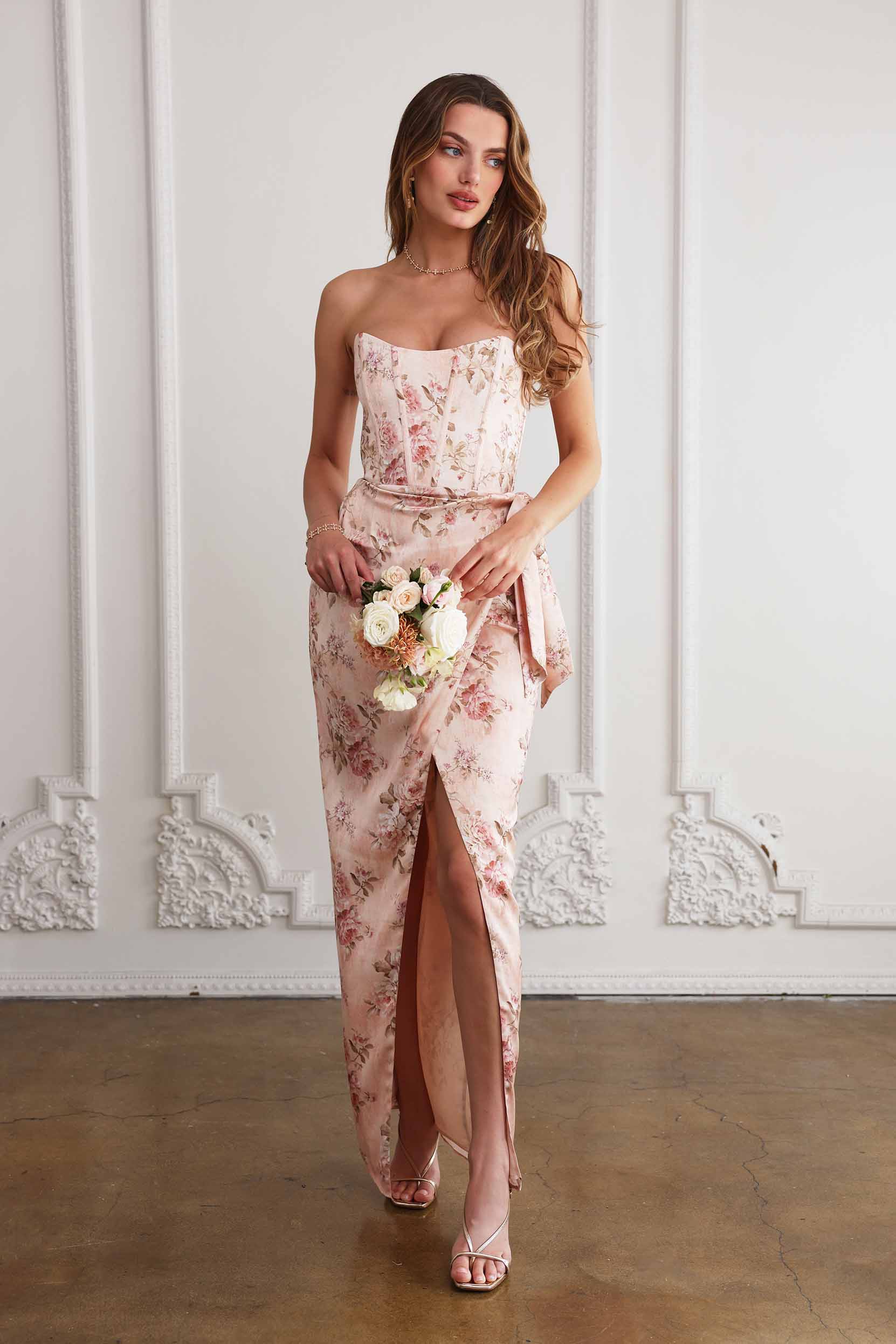 v chapman june corset dress V. Chapman June Printed Corset Front-Slit Satin Gown