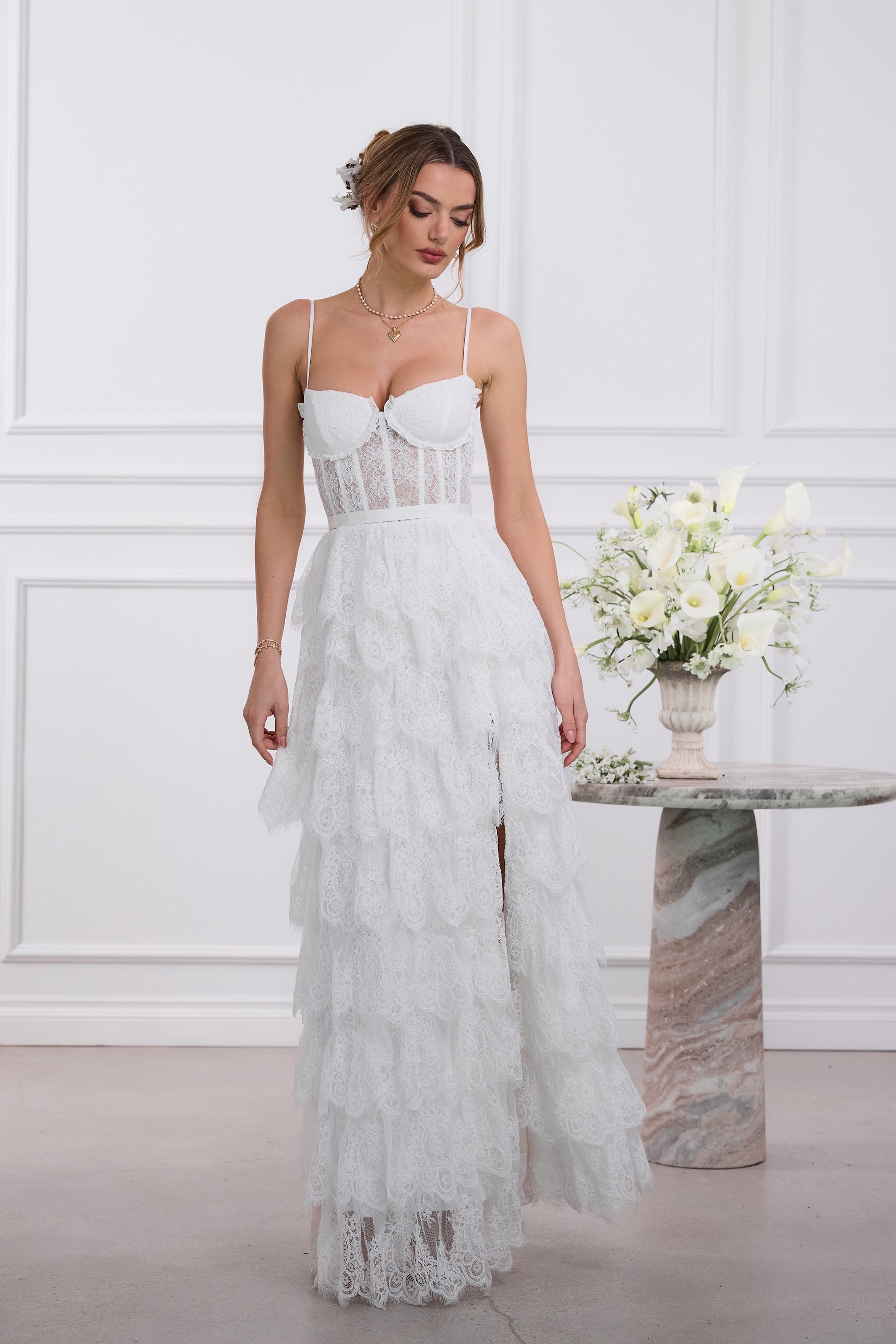 The Juniper Dress in White Chantilly Lace 00 / White Chantilly Lace The Juniper Dress in White Chantilly Lace 00 / White Chantilly Lace