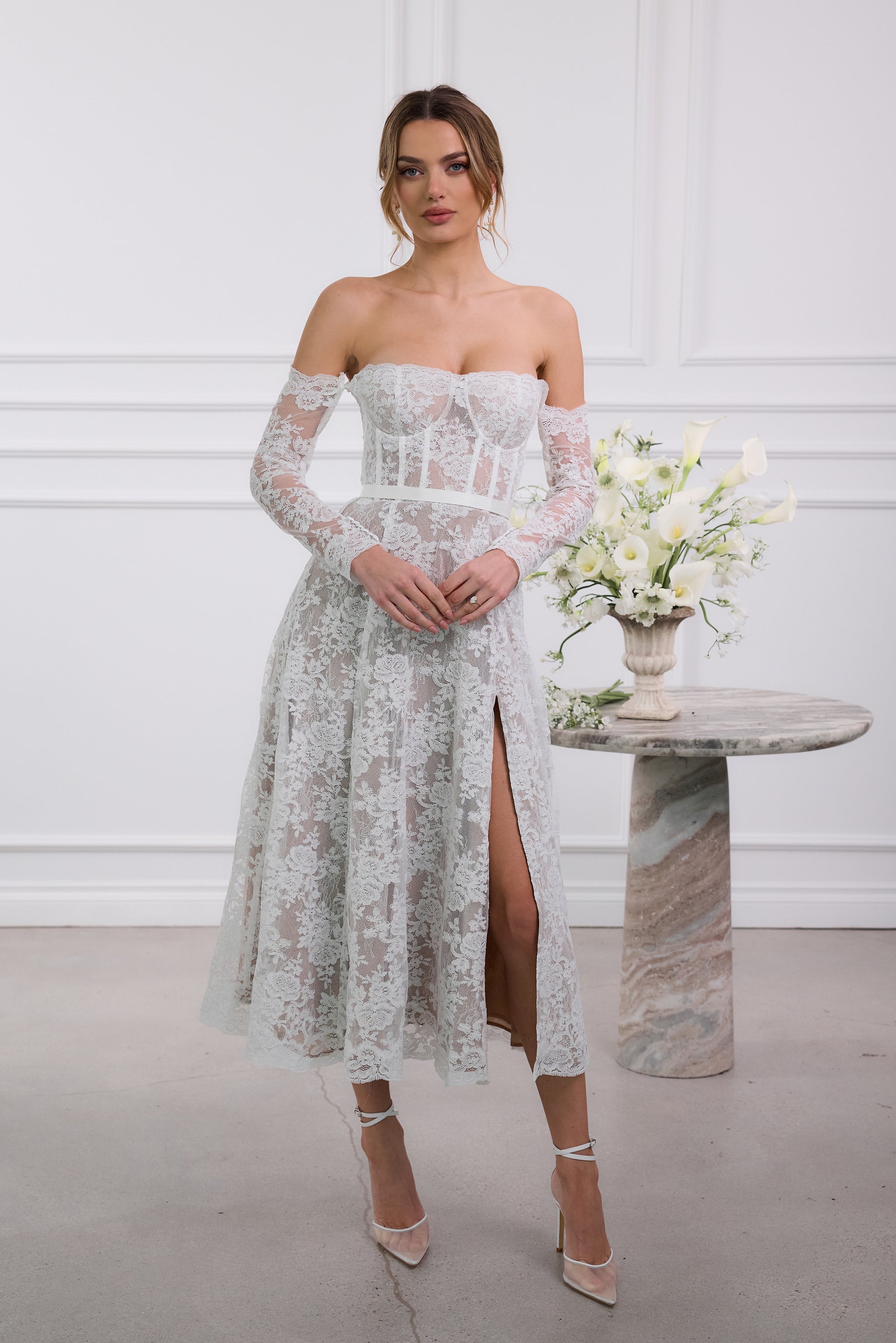 knee length dresses for ladies Stolen Stores Lace Swan Slip Maxi Dress in White