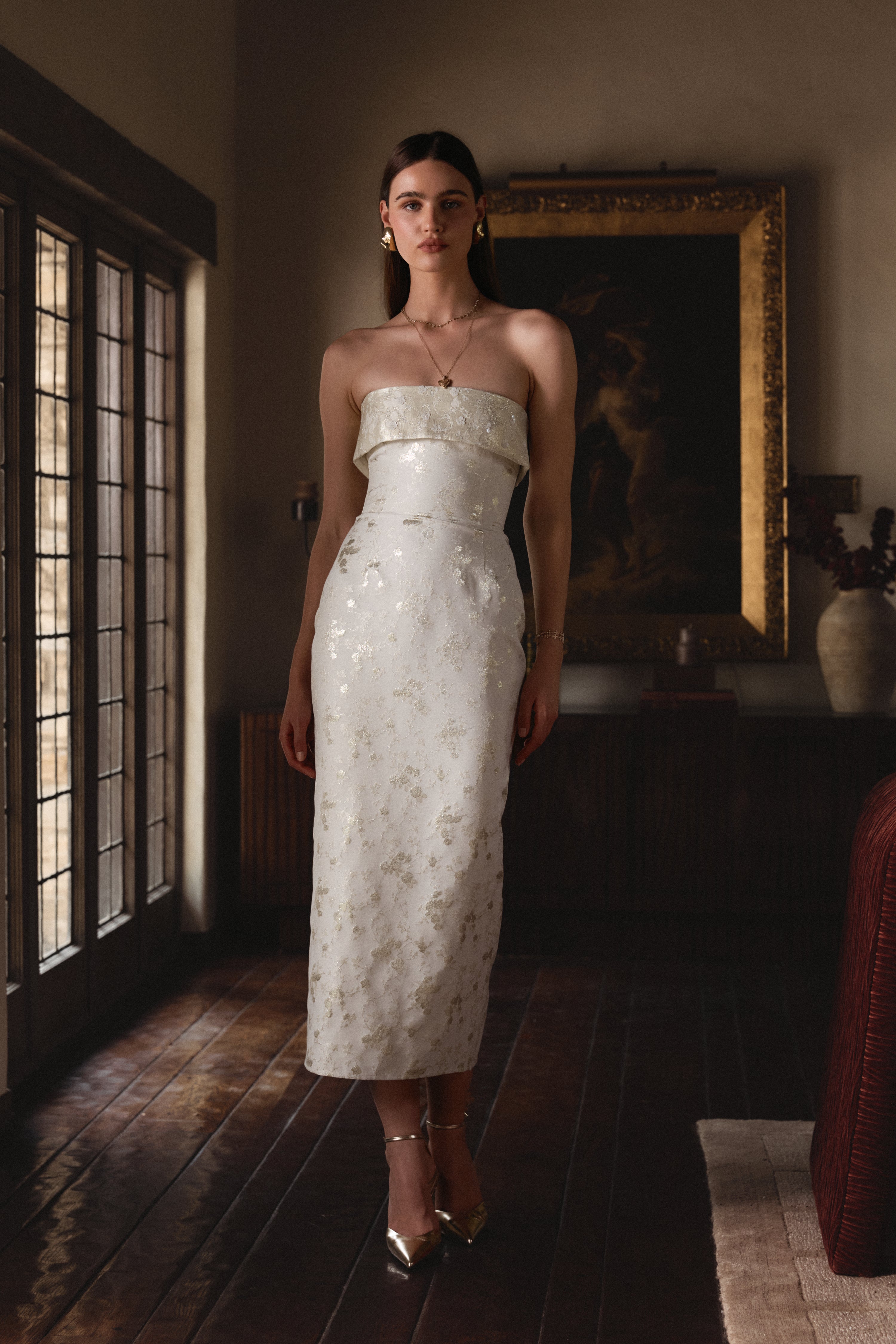 The Kennedy Dress in Champagne Cheverny Brocade 8 / Champagne Cheverny Brocade