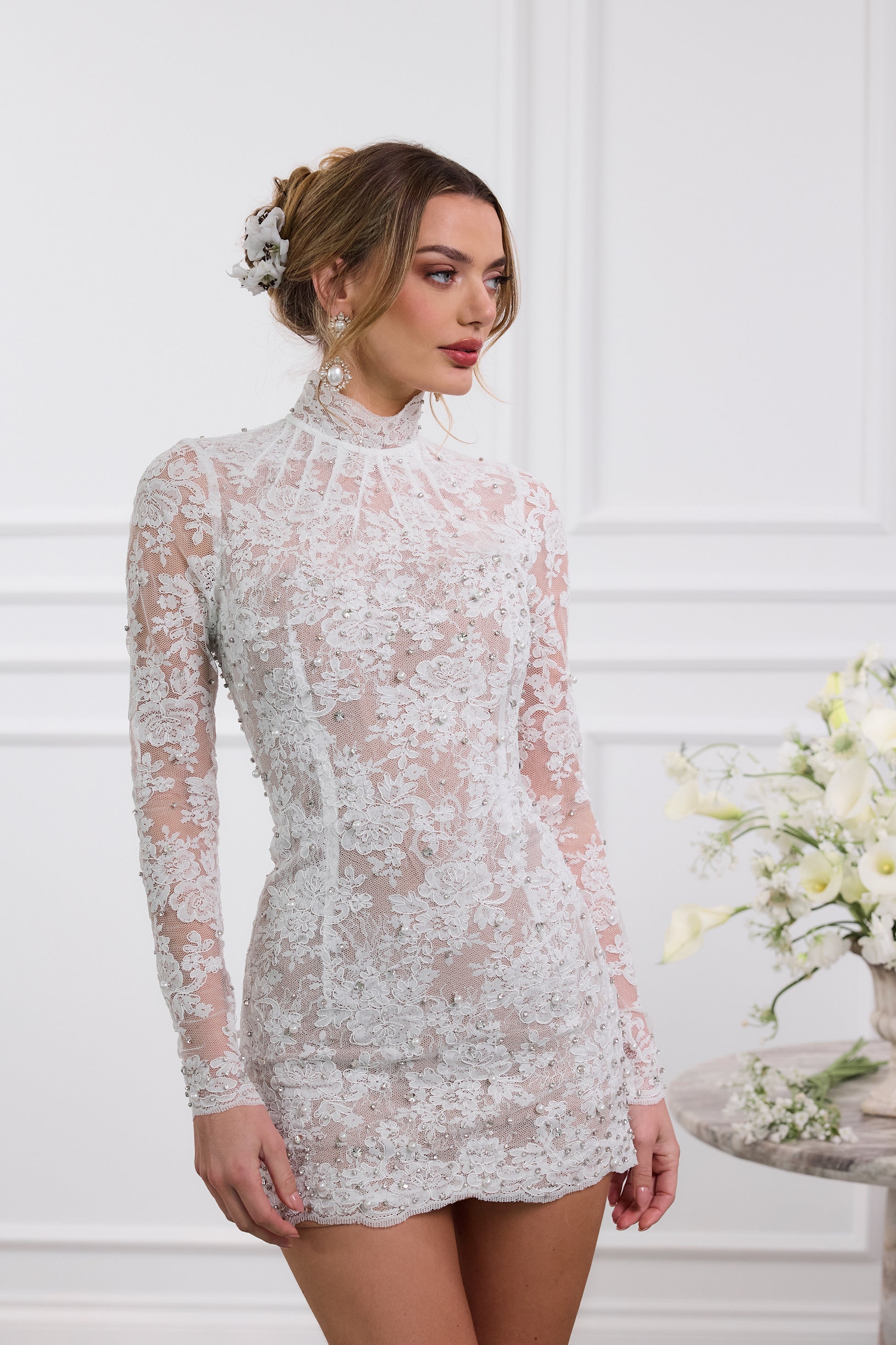 white lace quarter sleeve dress Home Again Three-Quarter Sleeve Lace Dress White