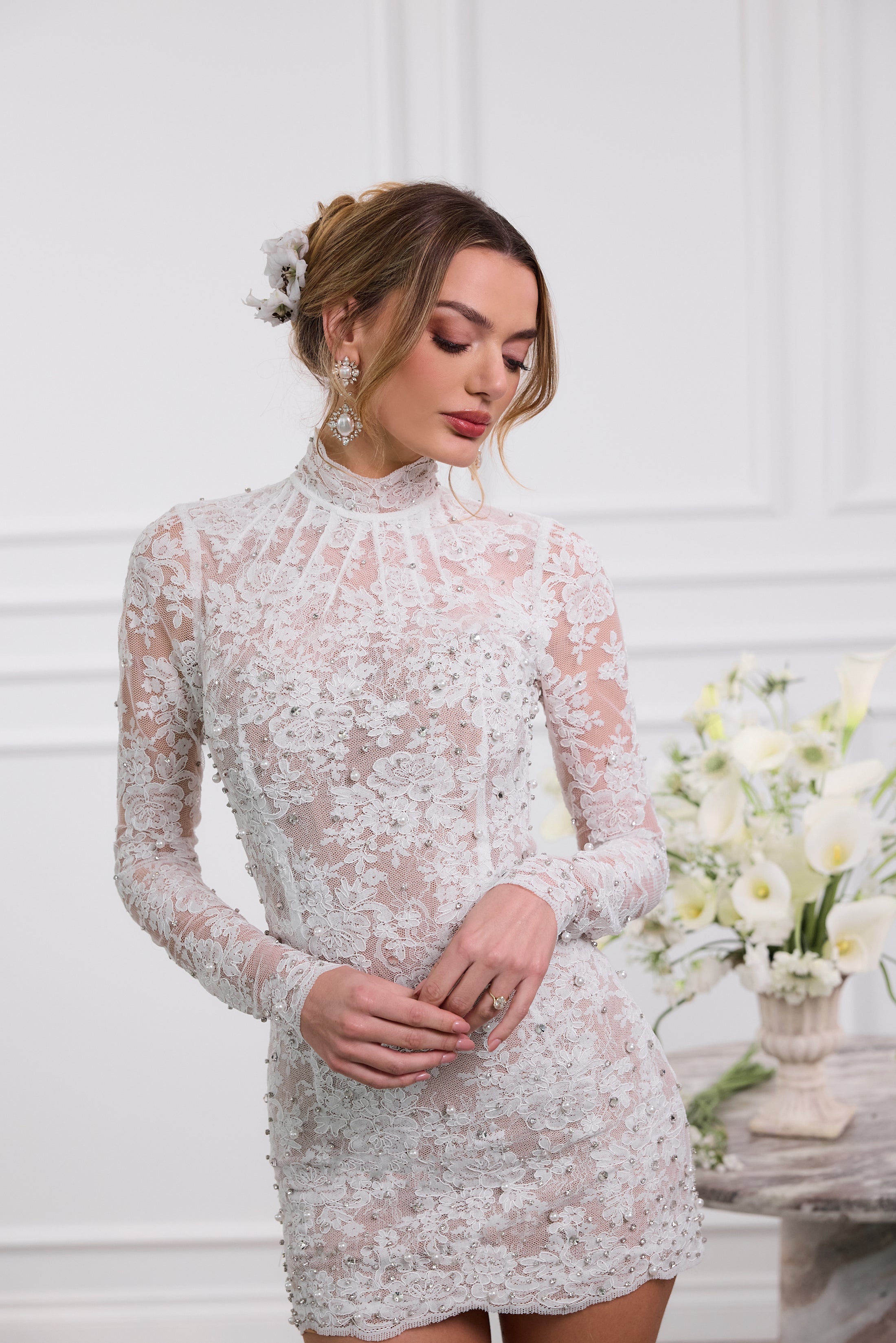 The Kiara Dress in White Chantilly Lace 4 / White Chantilly Lace The Kiara Dress in White Chantilly Lace 4 / White Chantilly Lace