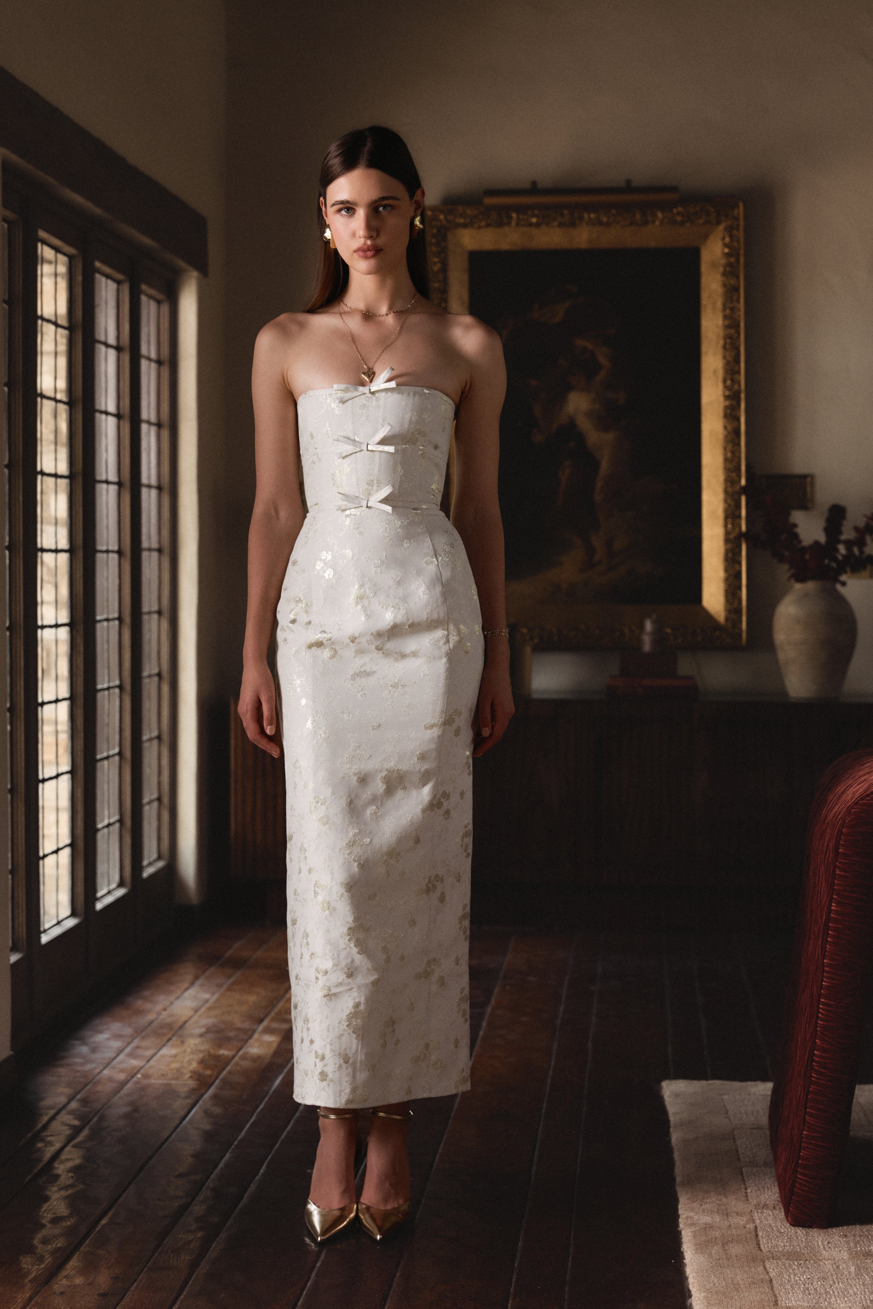 The Kim Dress in Champagne Cheverny Brocade