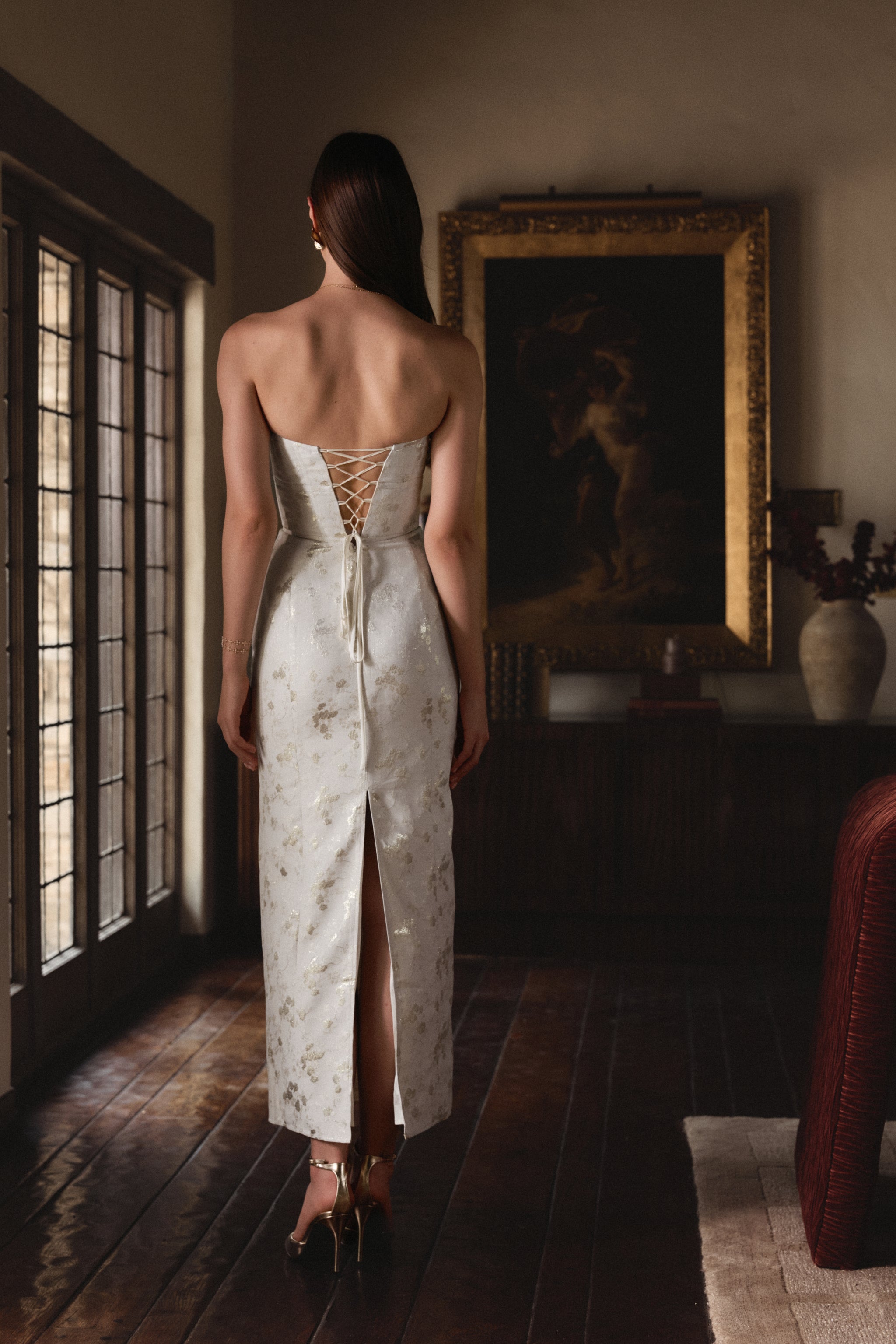 The Kim Dress in Champagne Cheverny Brocade