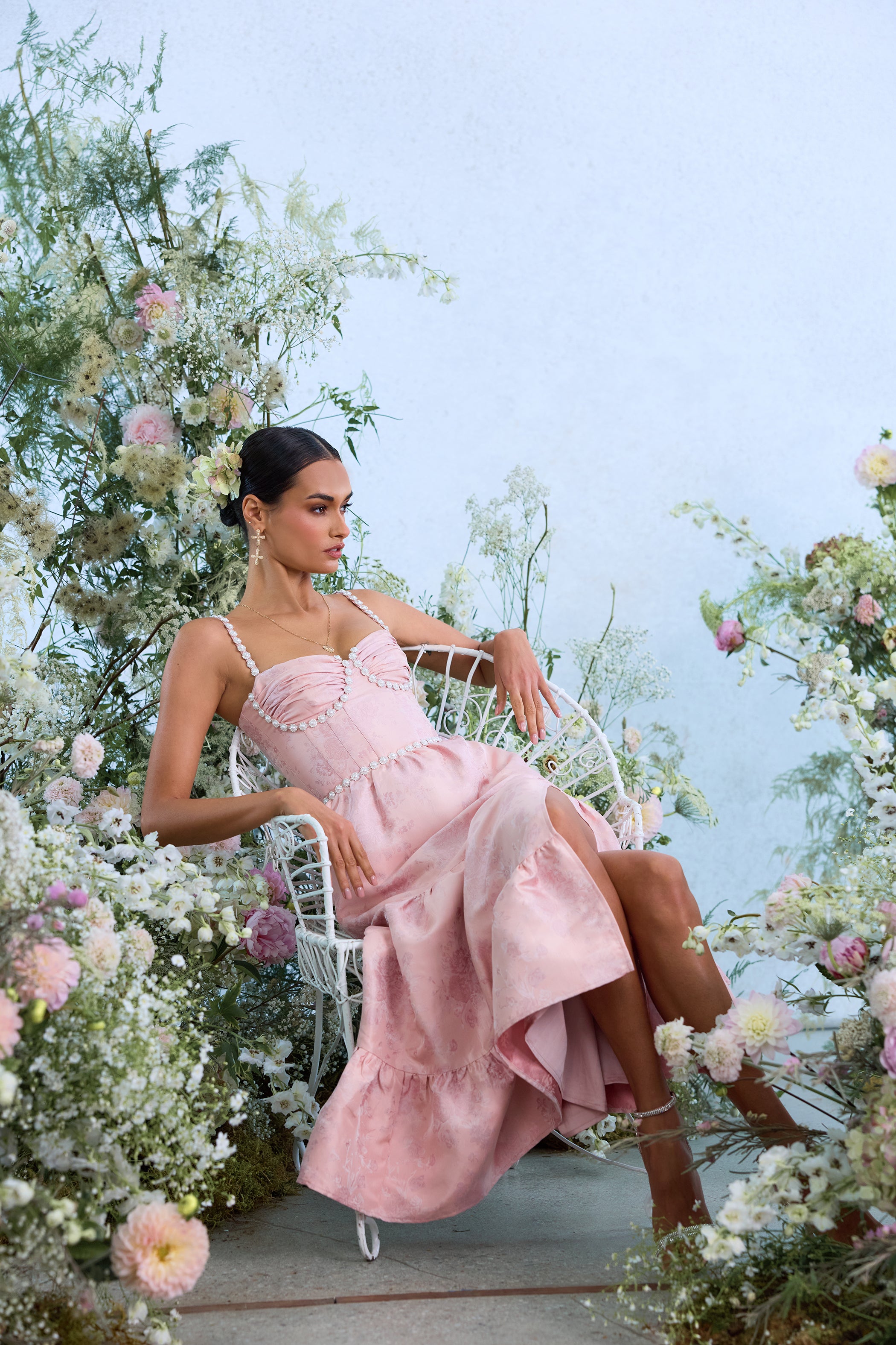 pink dress spring The Lorenza Dress in Light Pink Windsor Brocade 2 / Light Pink Windsor Brocade