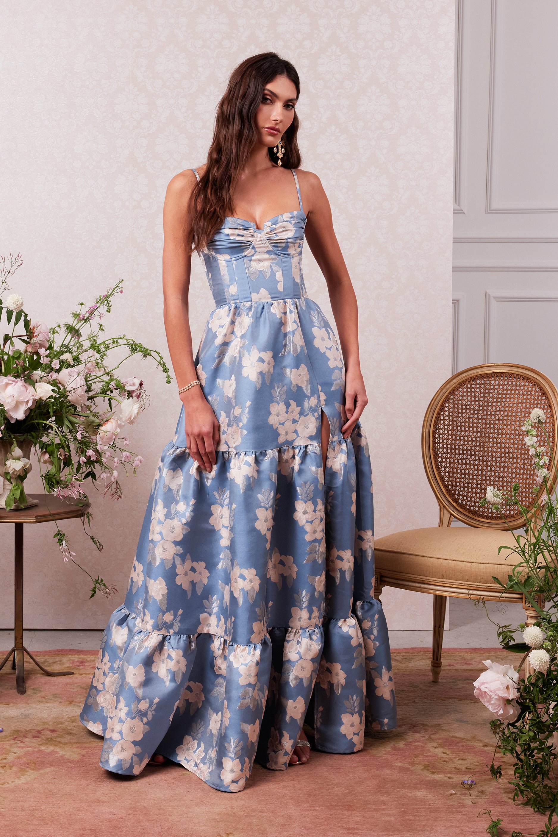The Lucetta Dress in Dusk Blue Baroque Floral – V. Chapman