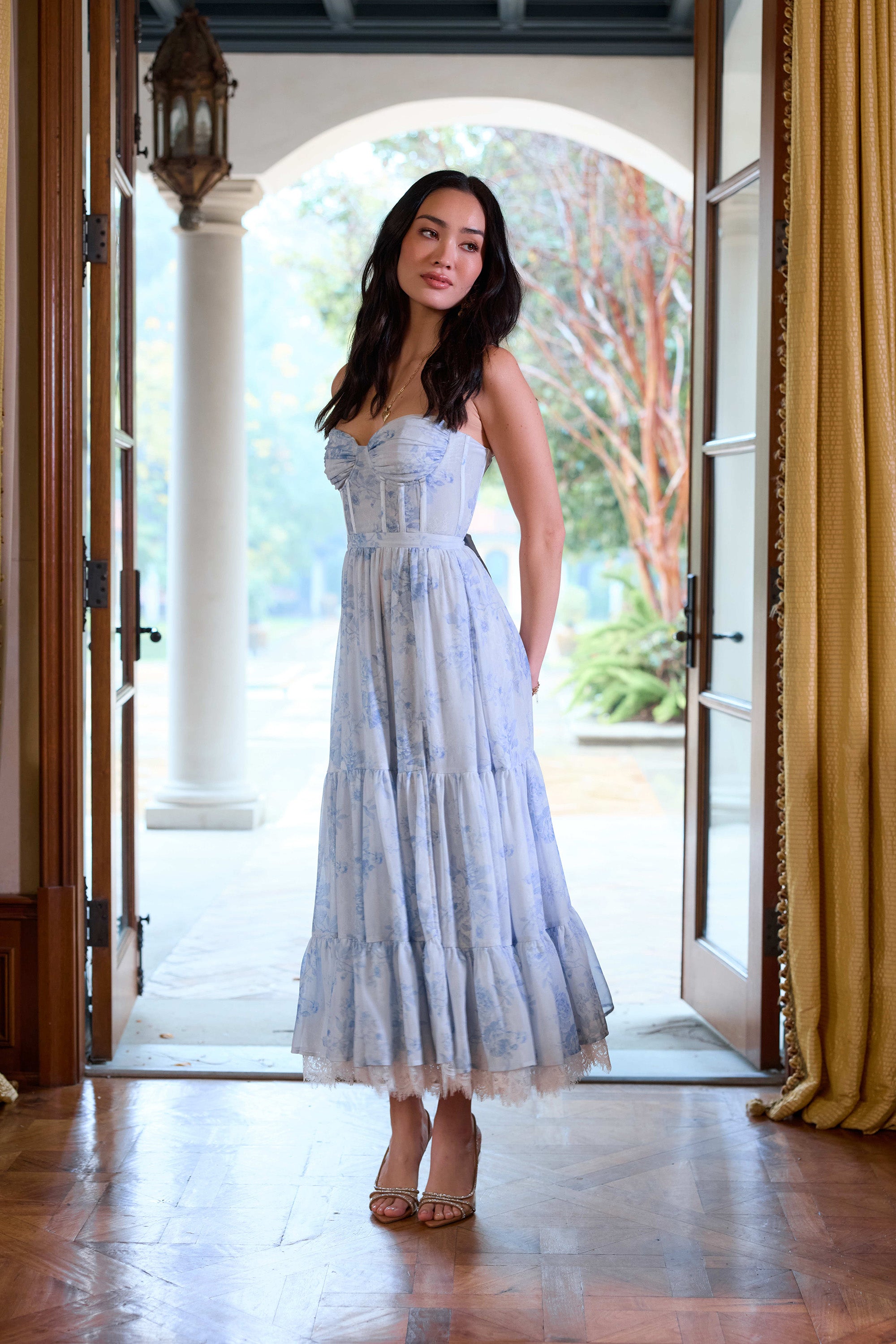 blue and white cocktail dress The Lara Dress in Blue Tapestry Rose 16 / Blue Tapestry Rose