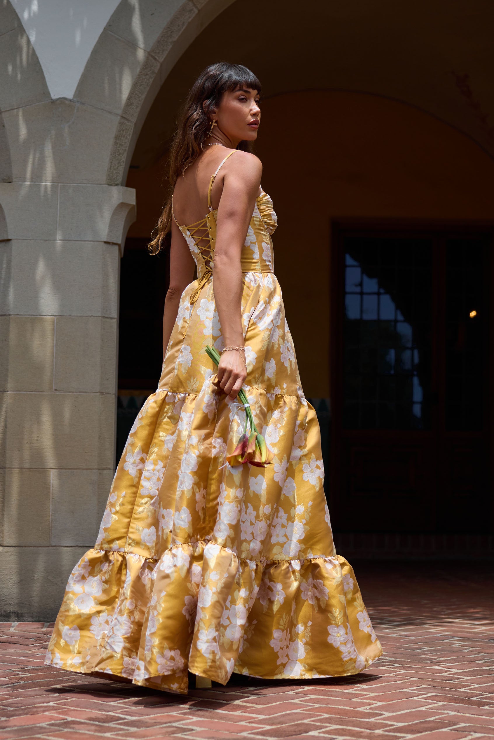 The Lucetta Dress in Gold Baroque Floral – V. Chapman