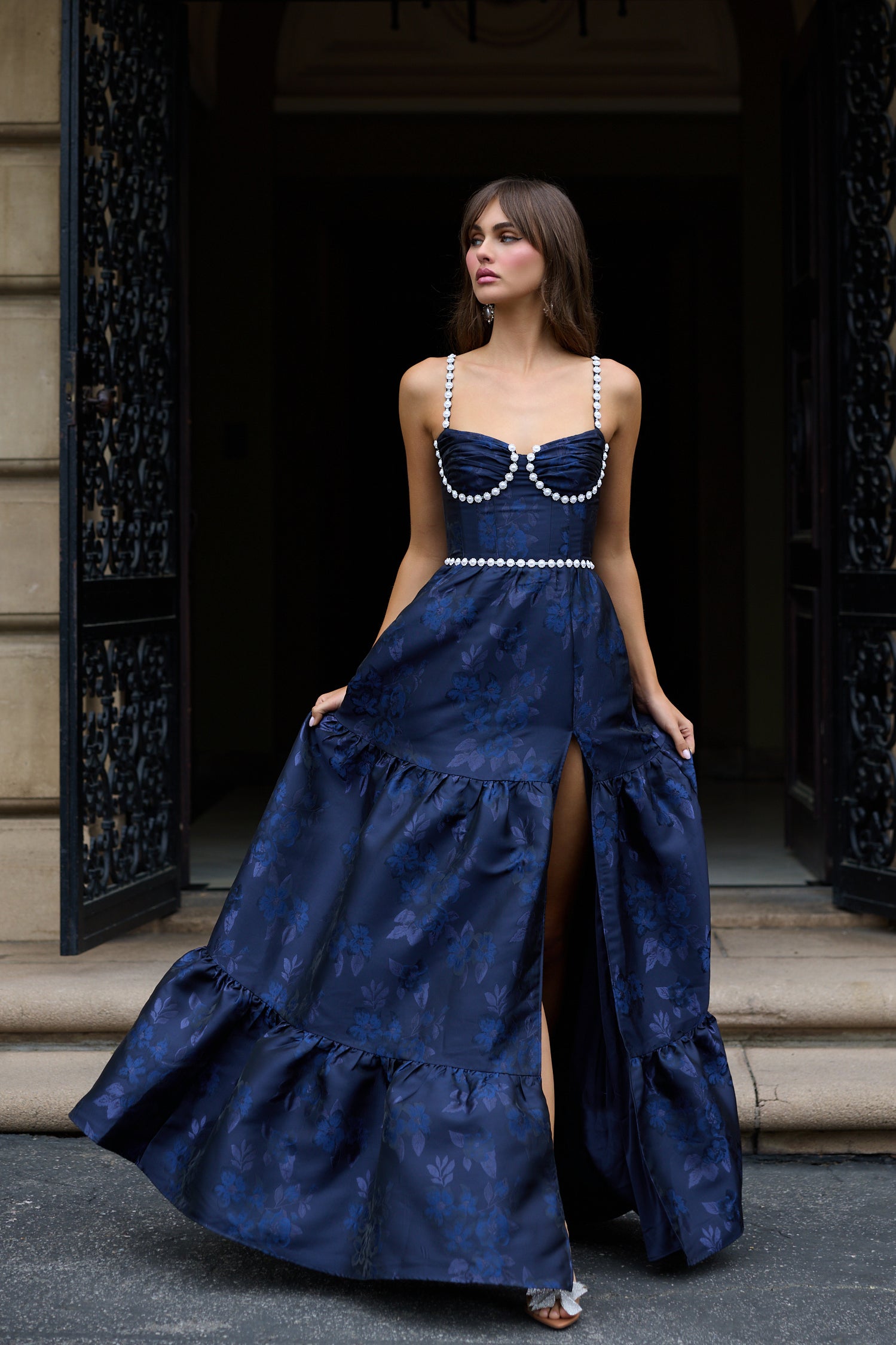 The Lucetta Dress with Beads in Navy Baroque Floral 10 / Navy Baroque Floral The Lucetta Dress with Beads in Navy Baroque Floral 10 / Navy Baroque Floral