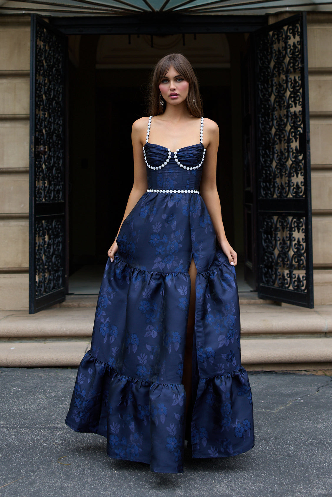The Lucetta Dress with Beads in Navy Baroque Floral 10 / Navy Baroque Floral The Lucetta Dress with Beads in Navy Baroque Floral 10 / Navy Baroque Floral