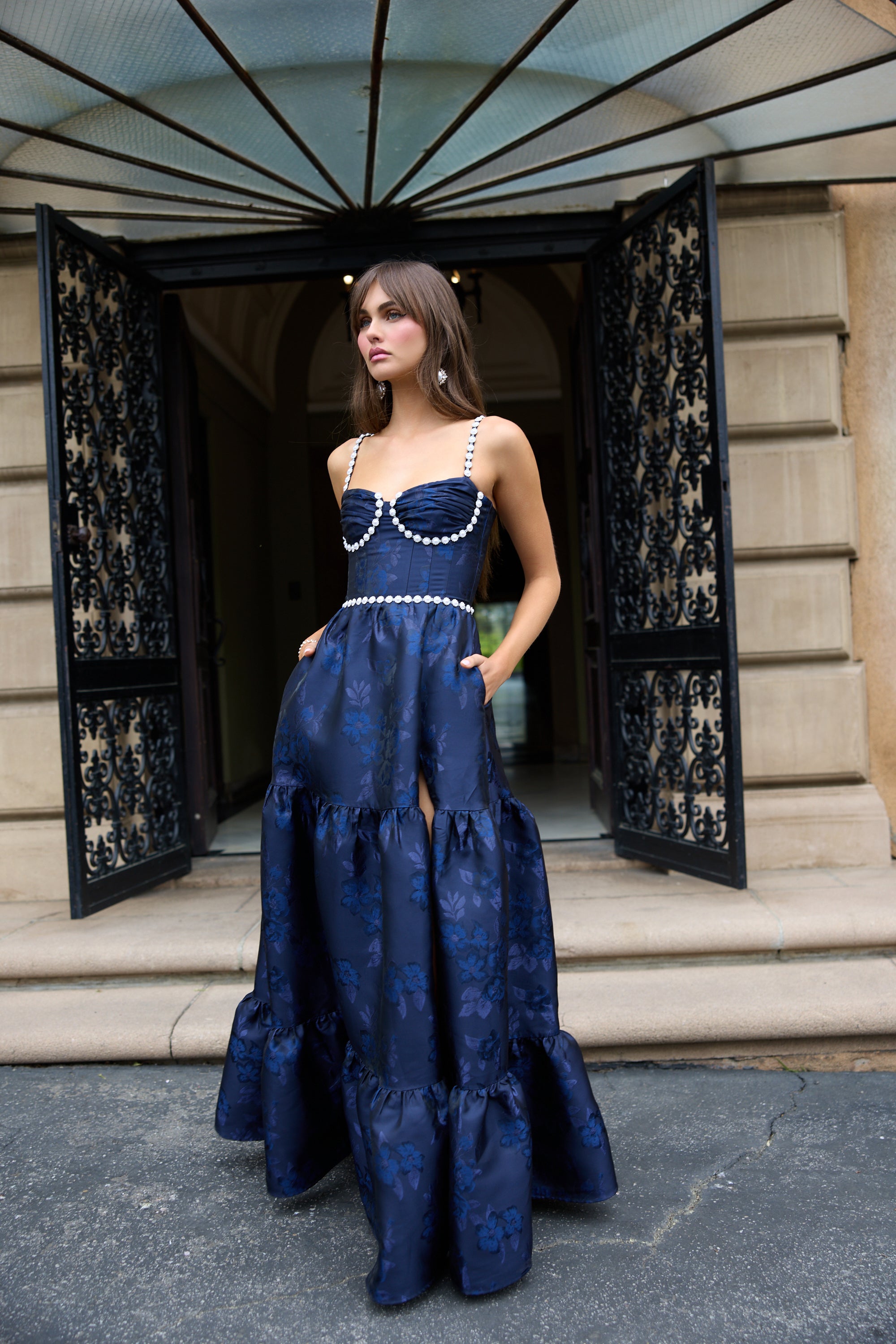 The Lucetta Dress with Beads in Navy Baroque Floral 10 / Navy Baroque Floral