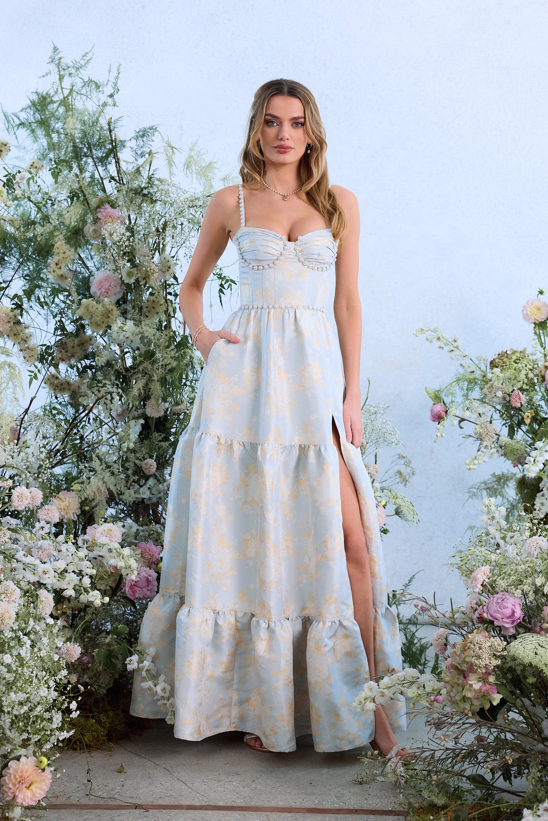 The Lucetta Dress in Sky Windsor Brocade 2 / Sky Windsor Brocade The Lucetta Dress in Sky Windsor Brocade 2 / Sky Windsor Brocade
