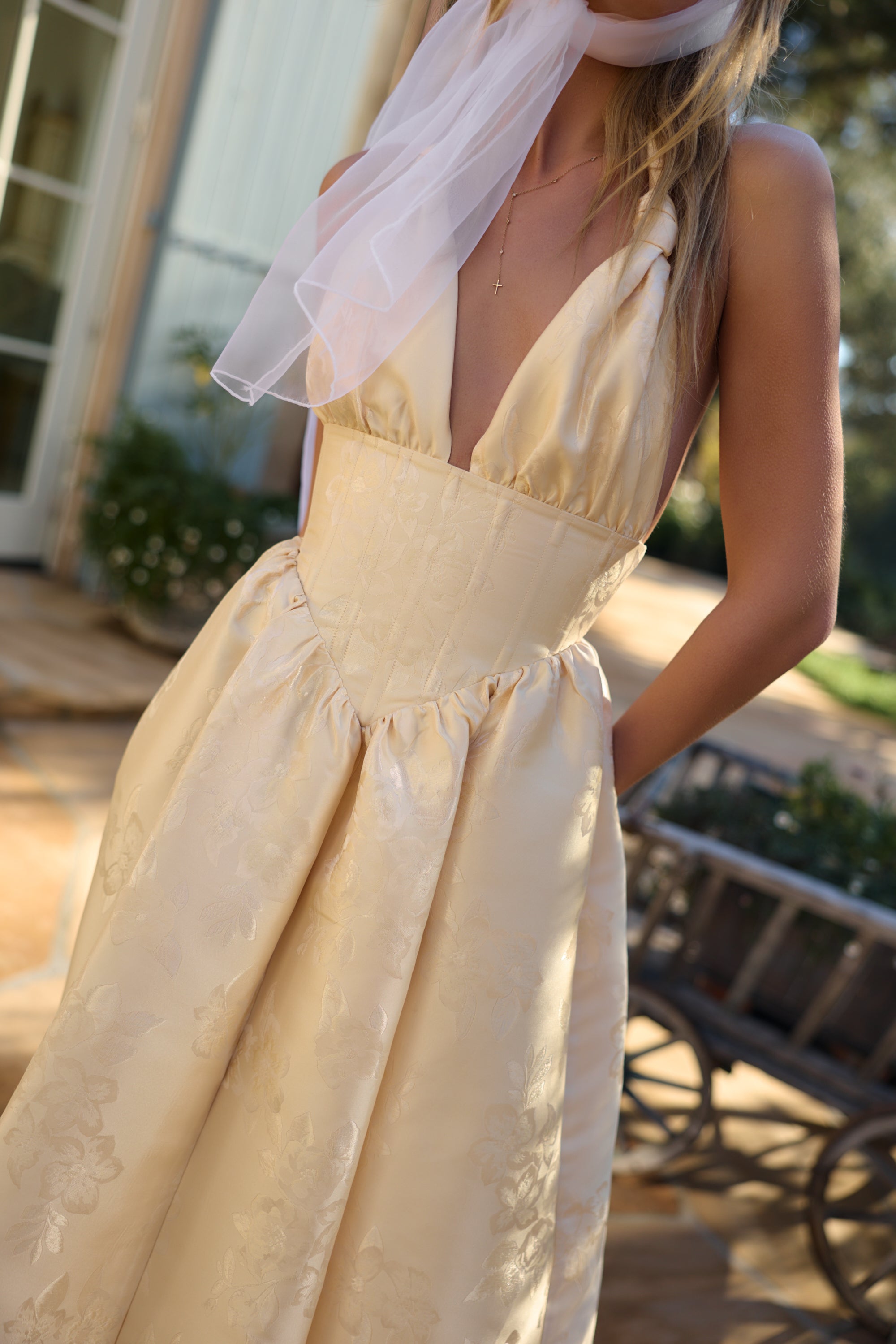 The Marilyn Dress in Butter Yellow Baroque Floral 2 / Butter Yellow Baroque Floral