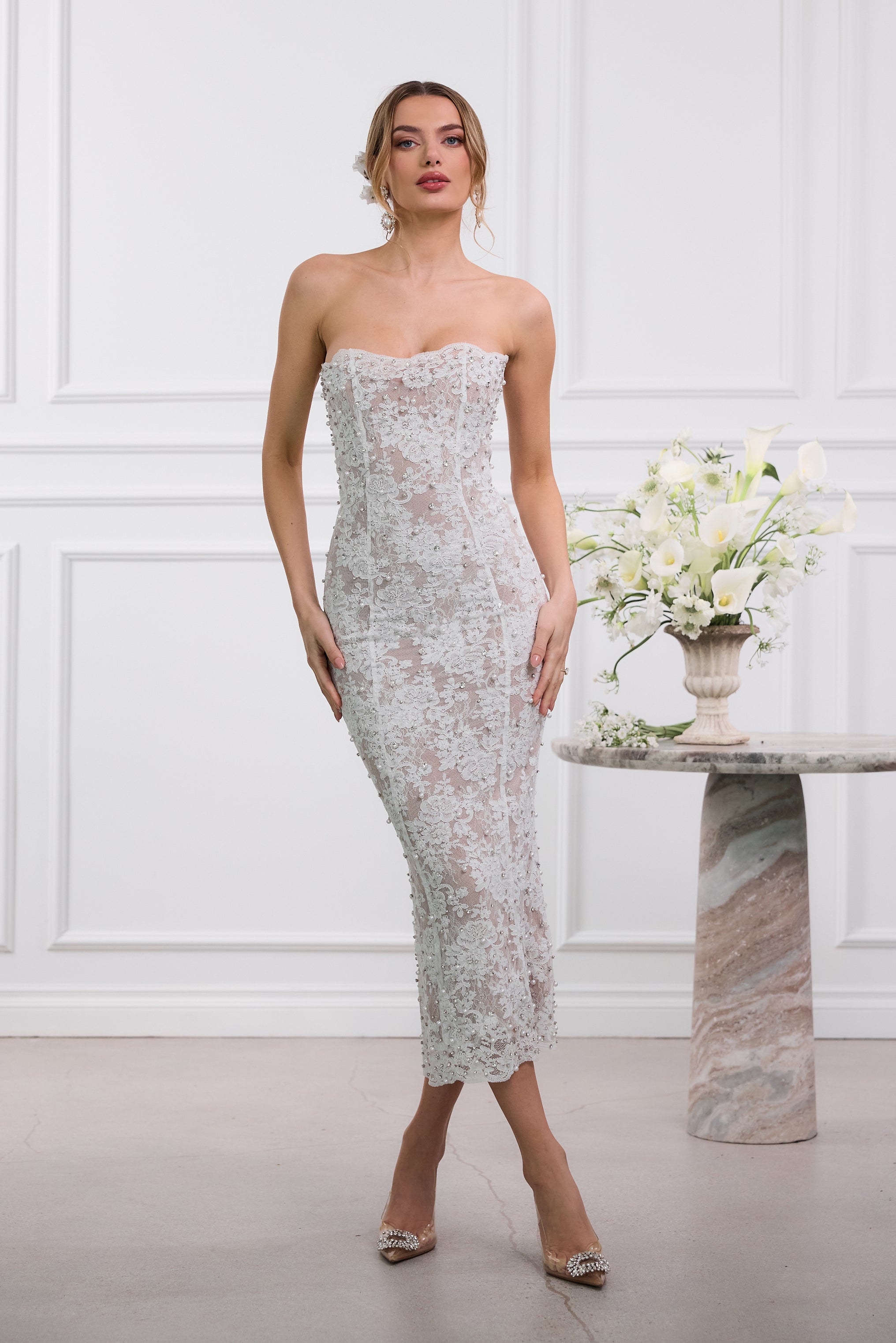 The Montague Dress in White Chantilly Lace 12 / White Chantilly Lace The Montague Dress in White Chantilly Lace 12 / White Chantilly Lace
