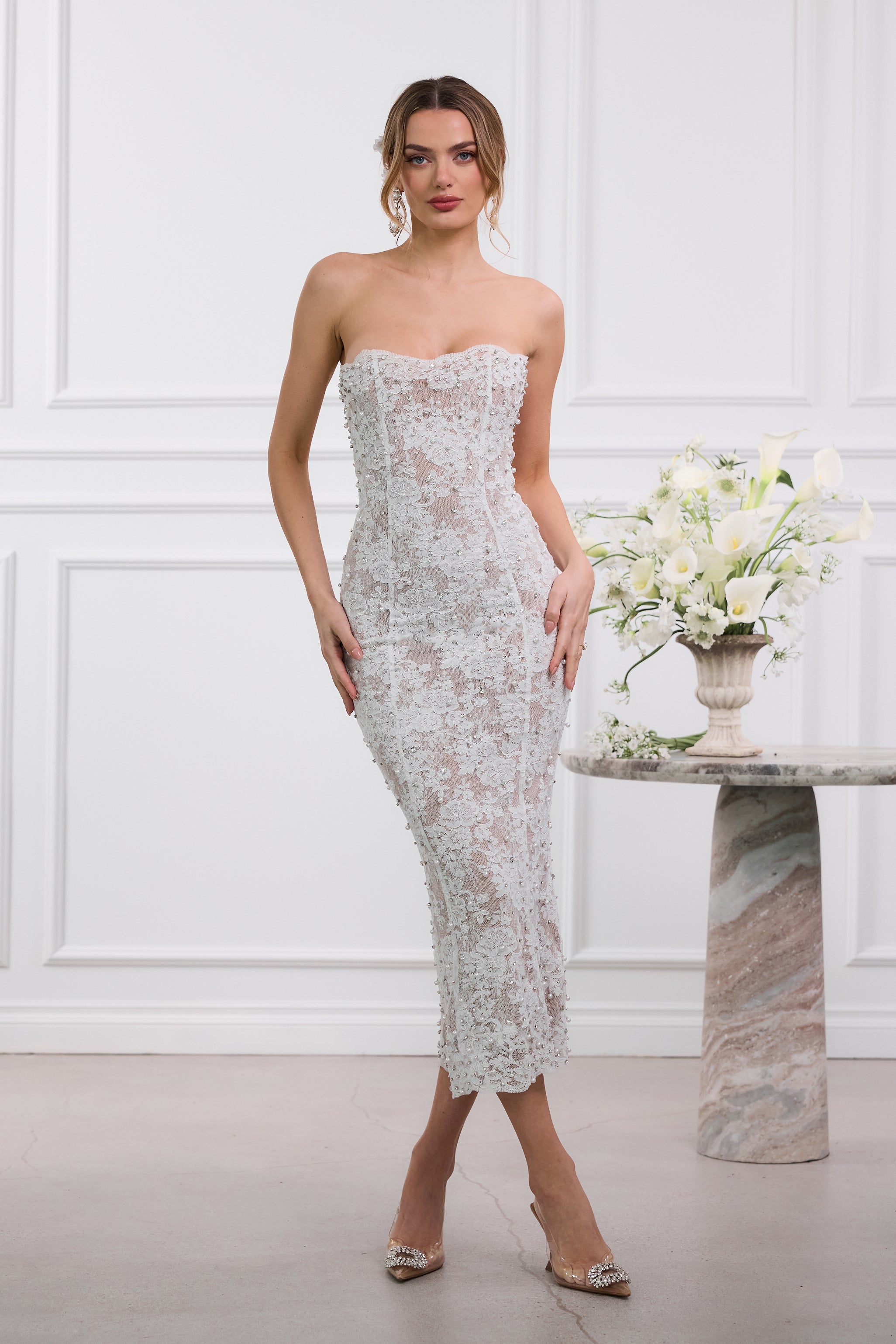 The Montague Dress in White Chantilly Lace 12 / White Chantilly Lace The Montague Dress in White Chantilly Lace 12 / White Chantilly Lace