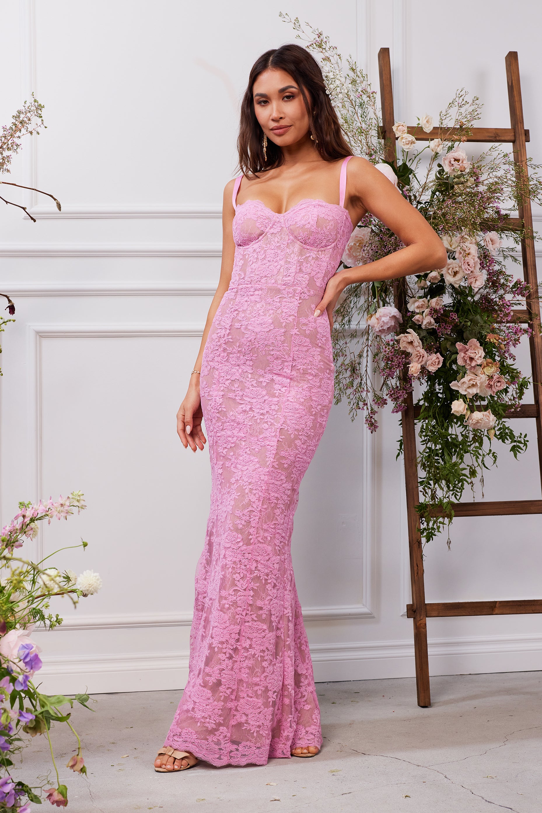 lace pink dress Layered Midaxi Floral lace straps flow into a lace A Line Lace Tiered Stunning
