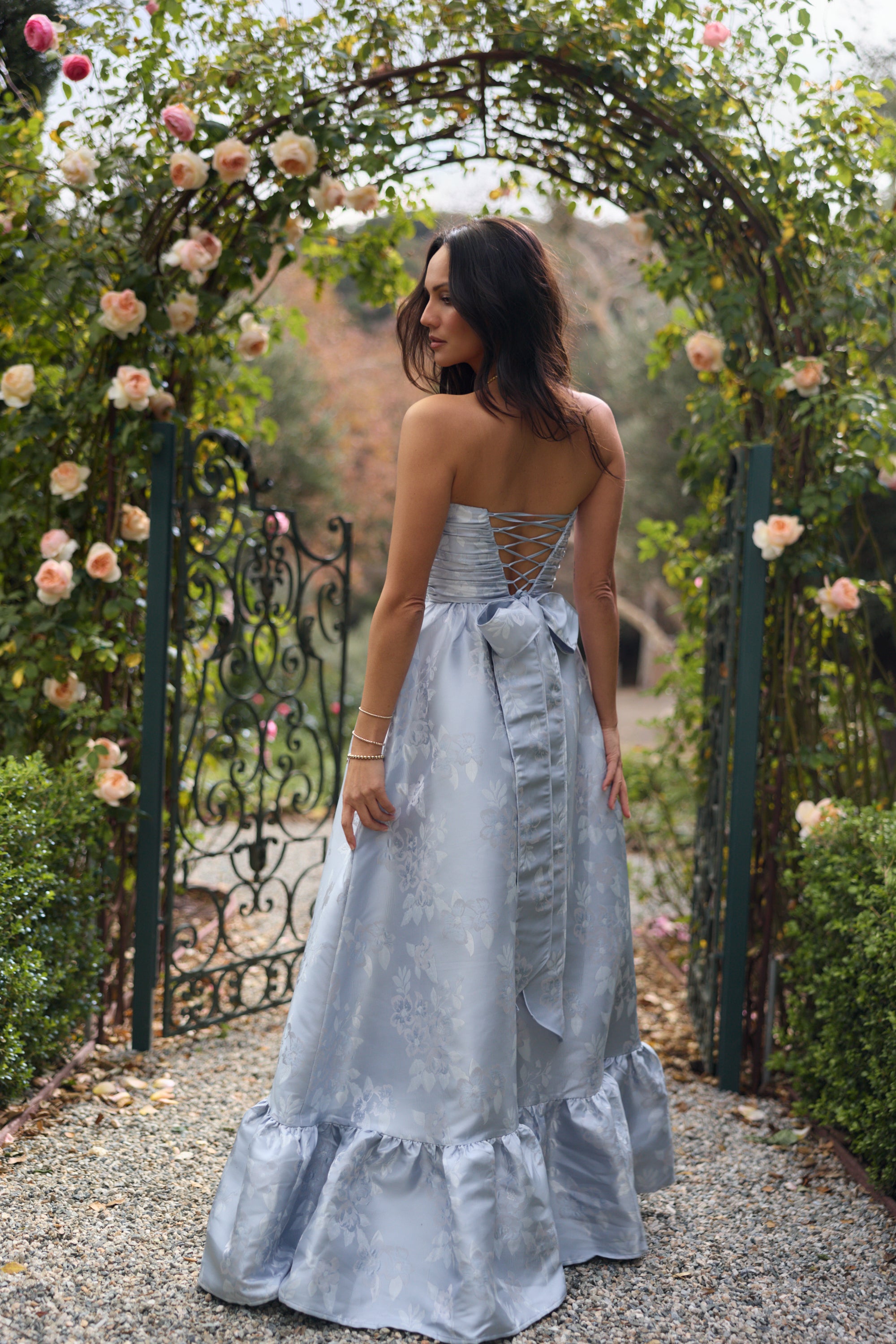 The Regina Dress in Icelandic Blue Baroque Floral V. Chapman The Regina Dress in Icelandic Blue Baroque Floral V. Chapman