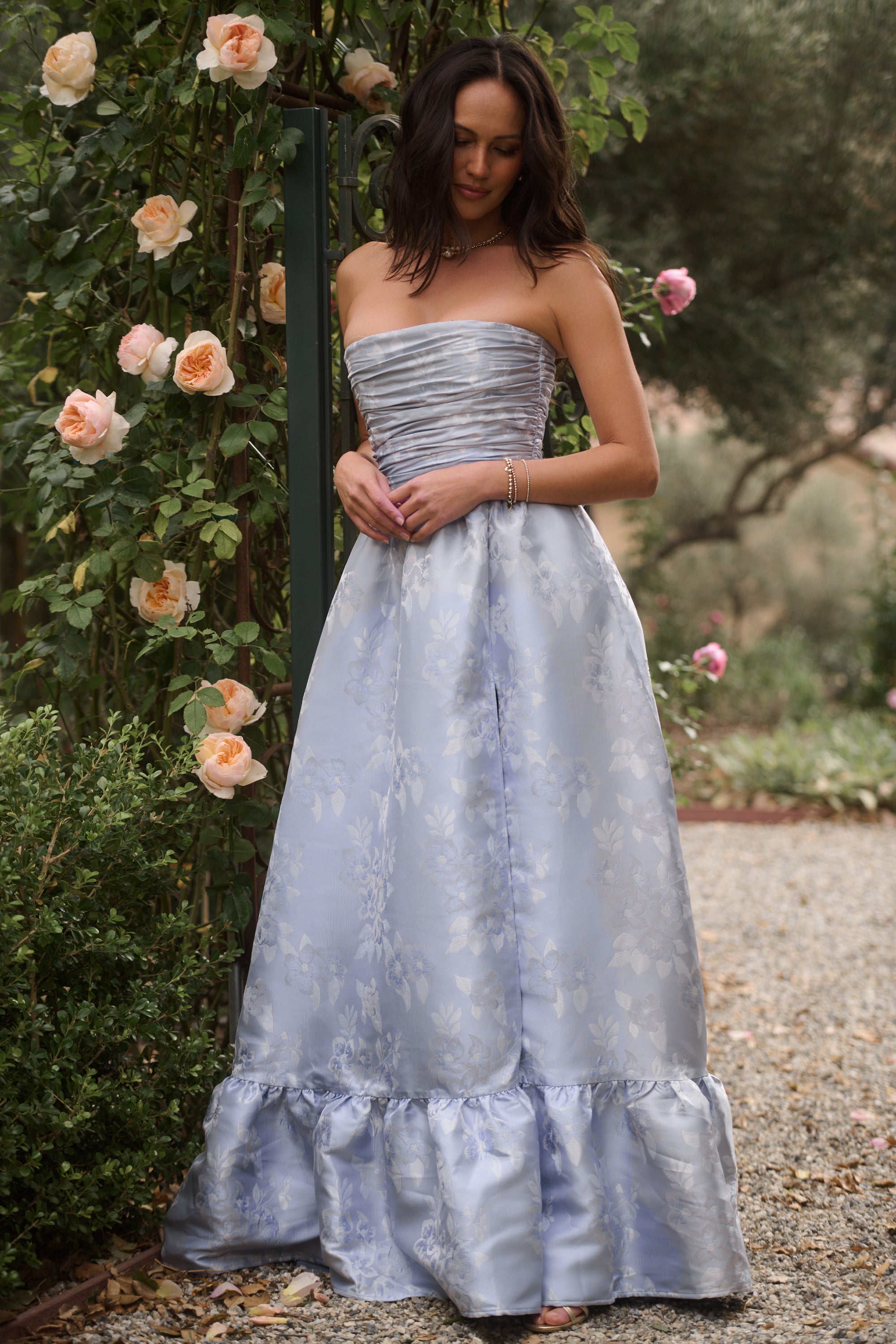 The Regina Dress in Icelandic Blue Baroque Floral V. Chapman The Regina Dress in Icelandic Blue Baroque Floral V. Chapman