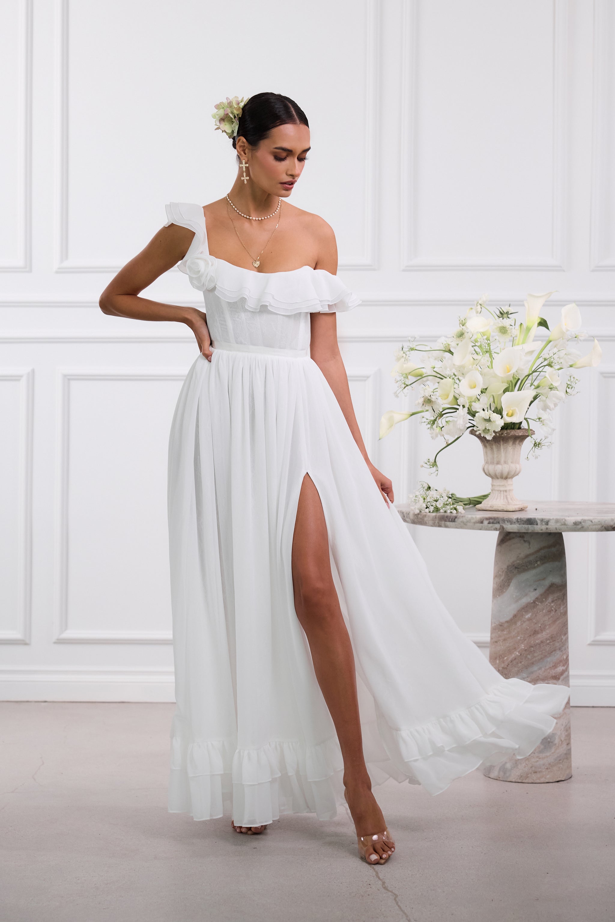 v chapman corset dress The Rosetta in White 4 / White Off Shoulder Wedding Dress Shes made from our Maternity Shoot in Black Color:Grey Green