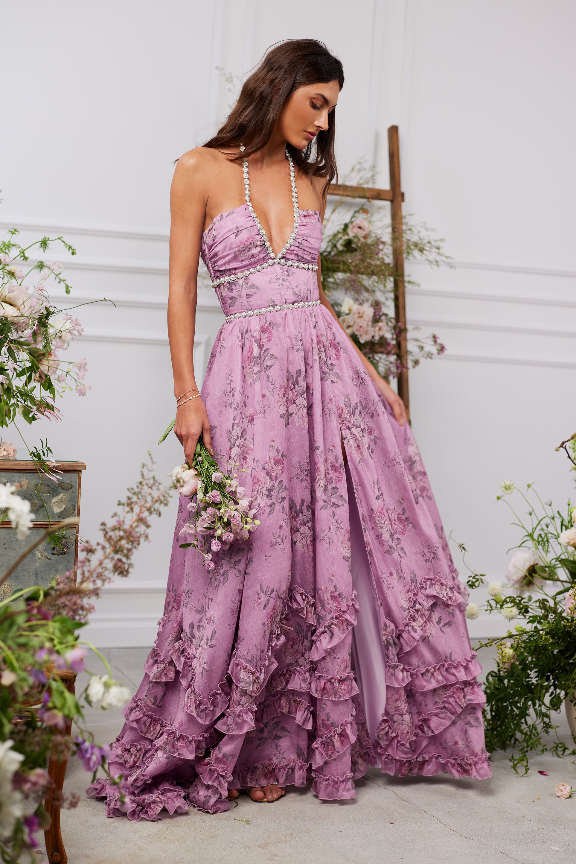 purple embroidered dress Quinceanera with Long Sleeves and romantic garden parties. Purple Petals Dress Teuta Matoshi