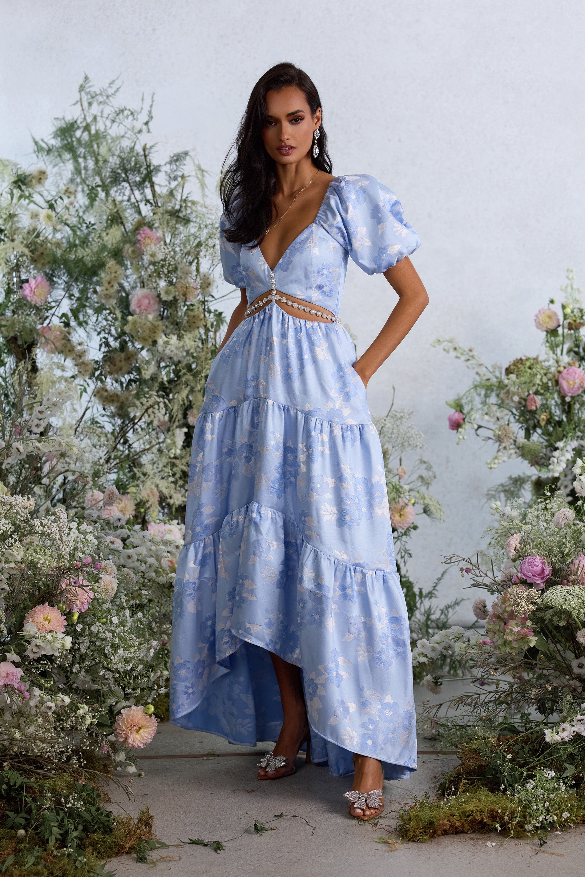 v. chapman emma v-neck a-line brocade cutout maxi dress The Emma Dress in Sage Windsor Brocade 4 / Sage Windsor Brocade